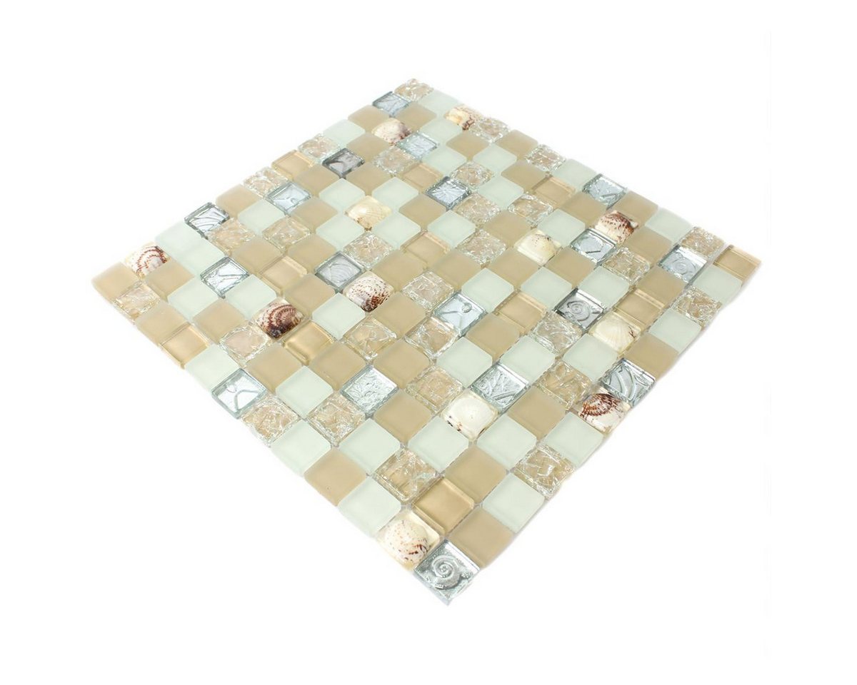 Mosafil Mosaikfliesen Glas Muschel Mosaikfliesen Byron, Glas 30.000x30.000, weiß-beige-braun-silber, Verlegefertig auf ein Netz geklebt - Wasserfest Bild 3
