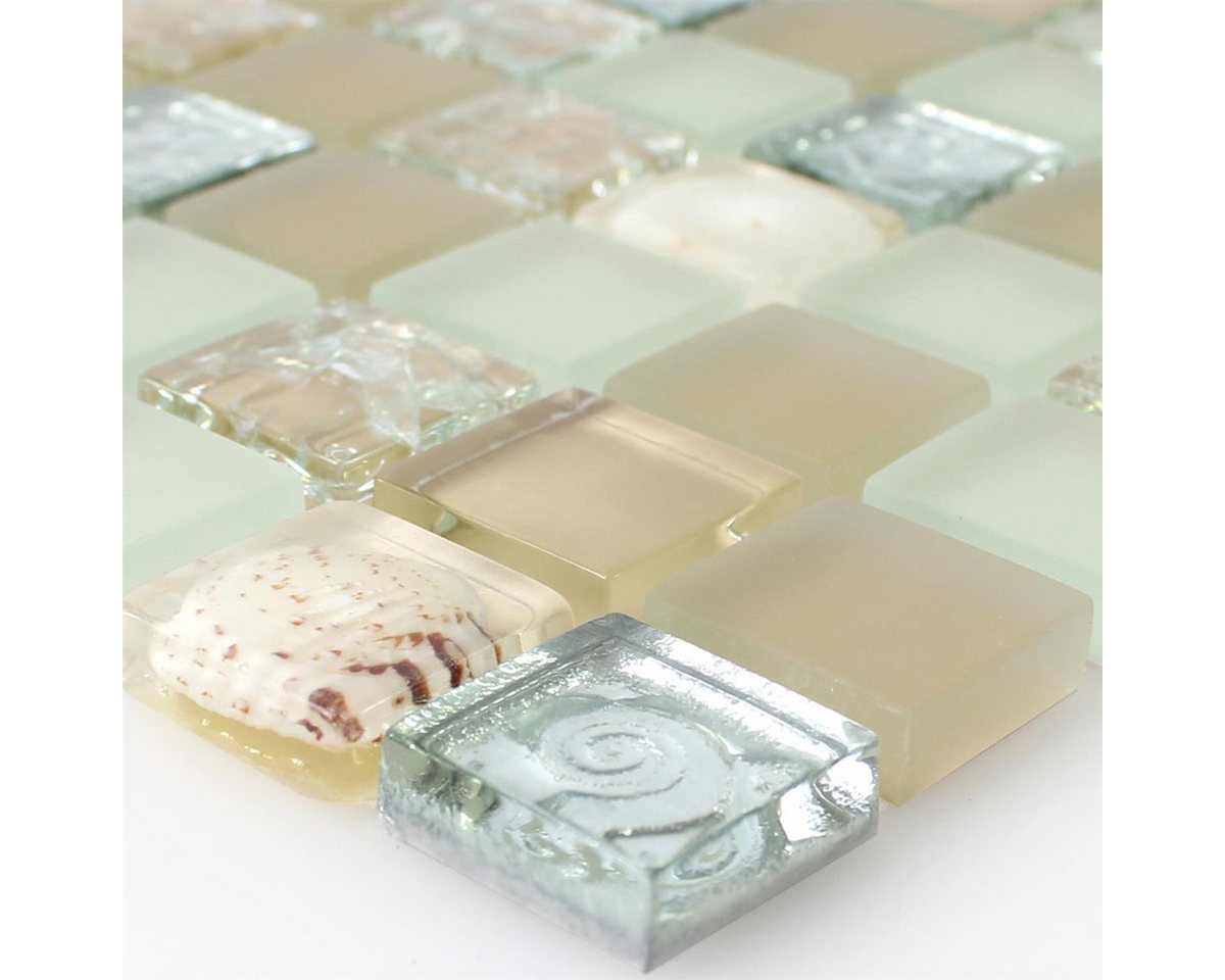 Mosafil Mosaikfliesen Glas Muschel Mosaikfliesen Byron, Glas 30.000x30.000, weiß-beige-braun-silber, Verlegefertig auf ein Netz geklebt - Wasserfest Bild 4