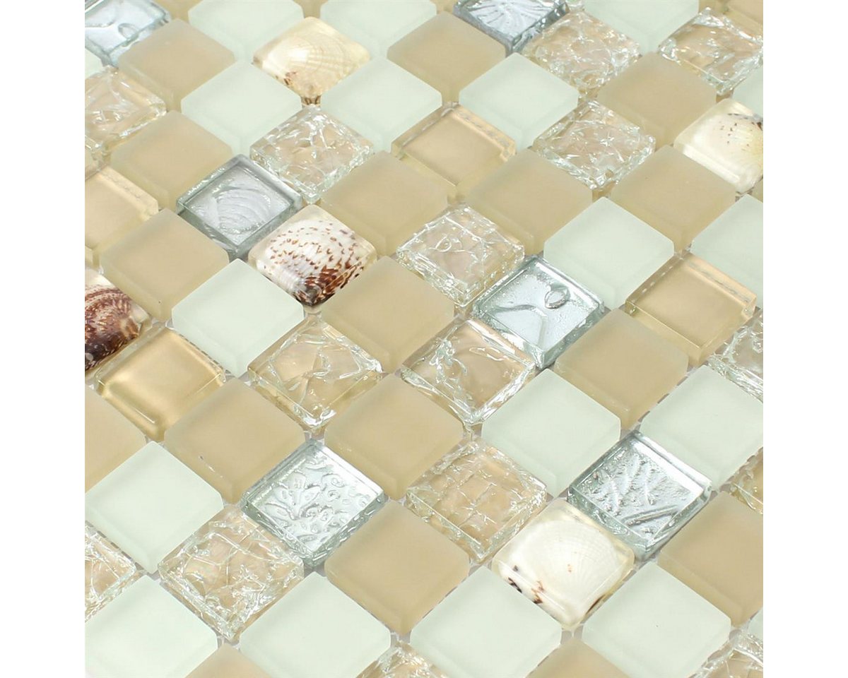 Mosafil Mosaikfliesen Glas Muschel Mosaikfliesen Byron, Glas 30.000x30.000, weiß-beige-braun-silber, Verlegefertig auf ein Netz geklebt - Wasserfest Bild 5