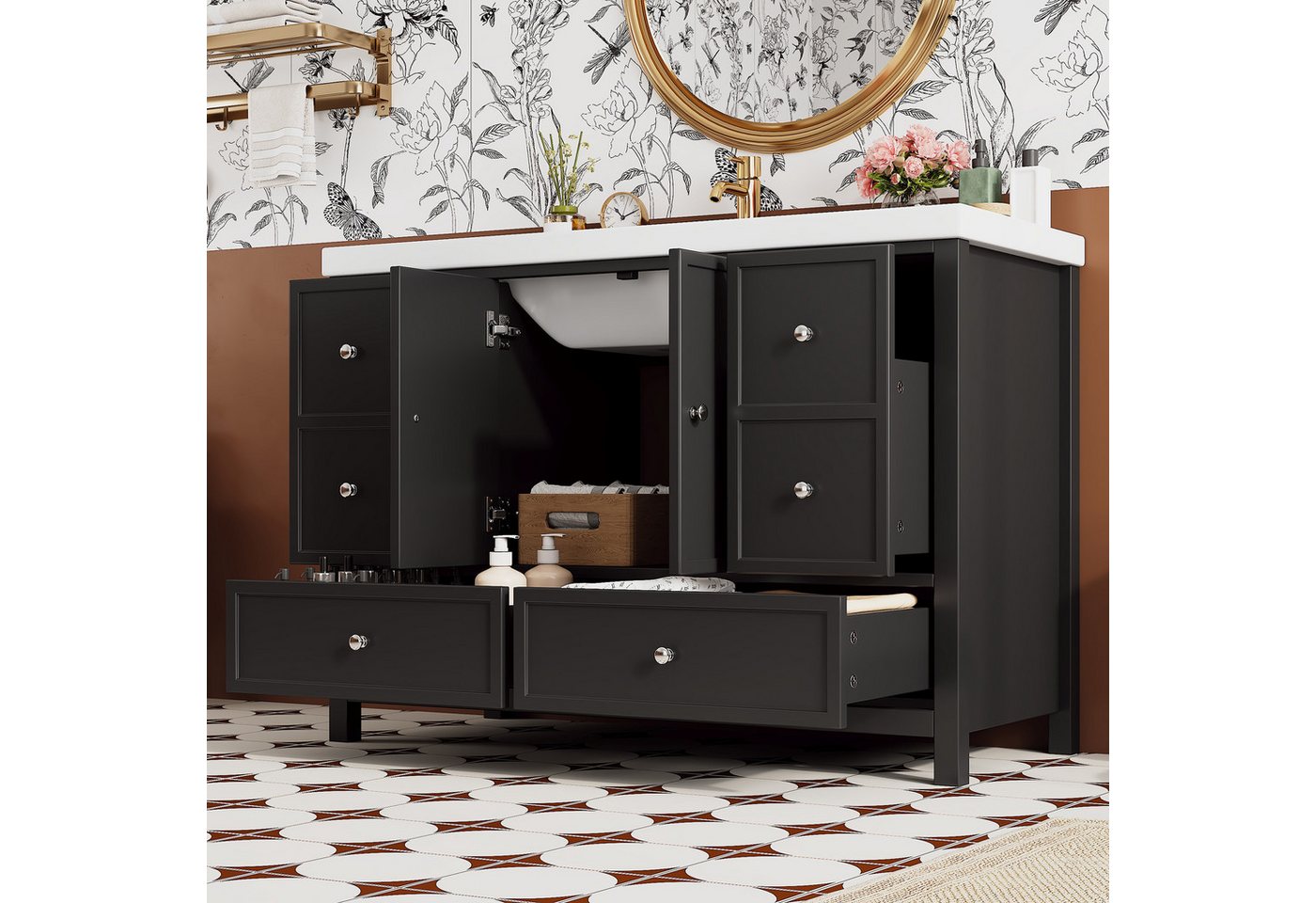 Flieks Waschtisch Waschbeckenunterschrank inkl. Harz-Waschbecken, B120/T50/H86,5 cm (lackierte Oberfläche, 1-St., 120cm großer breiter Badschrank mit silber Metallgriff, bodenstehend), Badmöbel-Set Badezimmerschrank mit 4 Schubladen und 2 Tür Schwarz