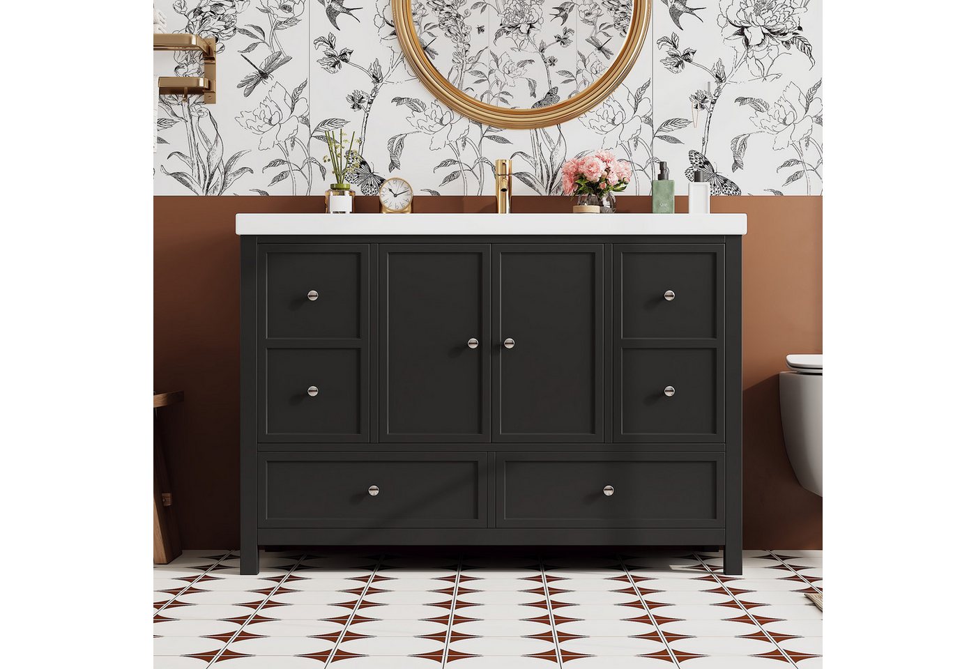 Flieks Waschtisch Waschbeckenunterschrank inkl. Harz-Waschbecken, B120/T50/H86,5 cm (lackierte Oberfläche, 1-St., 120cm großer breiter Badschrank mit silber Metallgriff, bodenstehend), Badmöbel-Set Badezimmerschrank mit 4 Schubladen und 2 Tür Schwarz Bild 2
