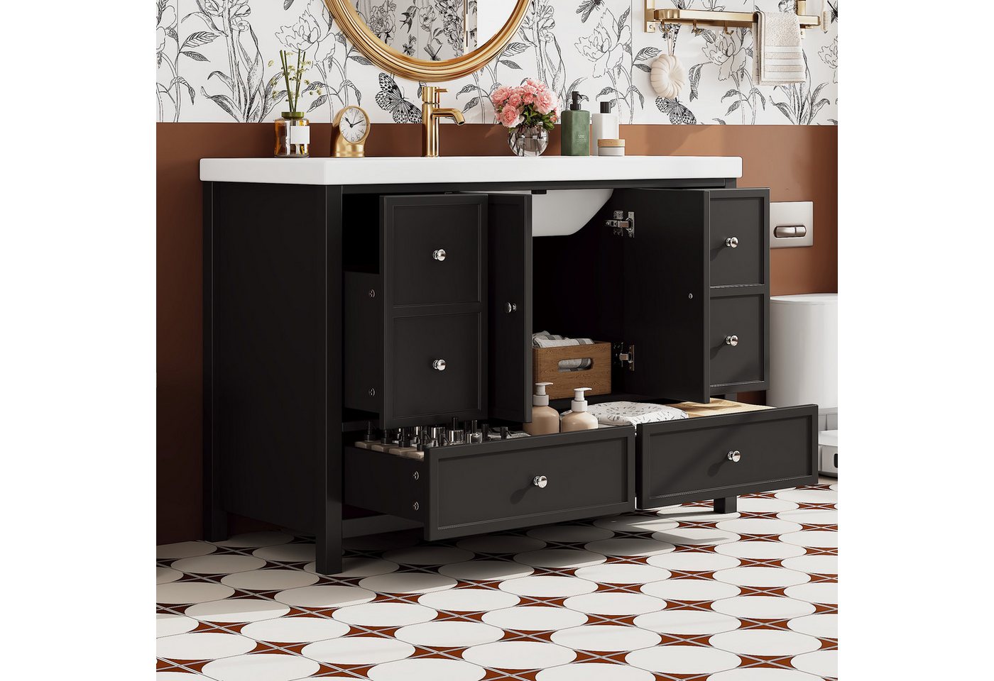 Flieks Waschtisch Waschbeckenunterschrank inkl. Harz-Waschbecken, B120/T50/H86,5 cm (lackierte Oberfläche, 1-St., 120cm großer breiter Badschrank mit silber Metallgriff, bodenstehend), Badmöbel-Set Badezimmerschrank mit 4 Schubladen und 2 Tür Schwarz Bild 3