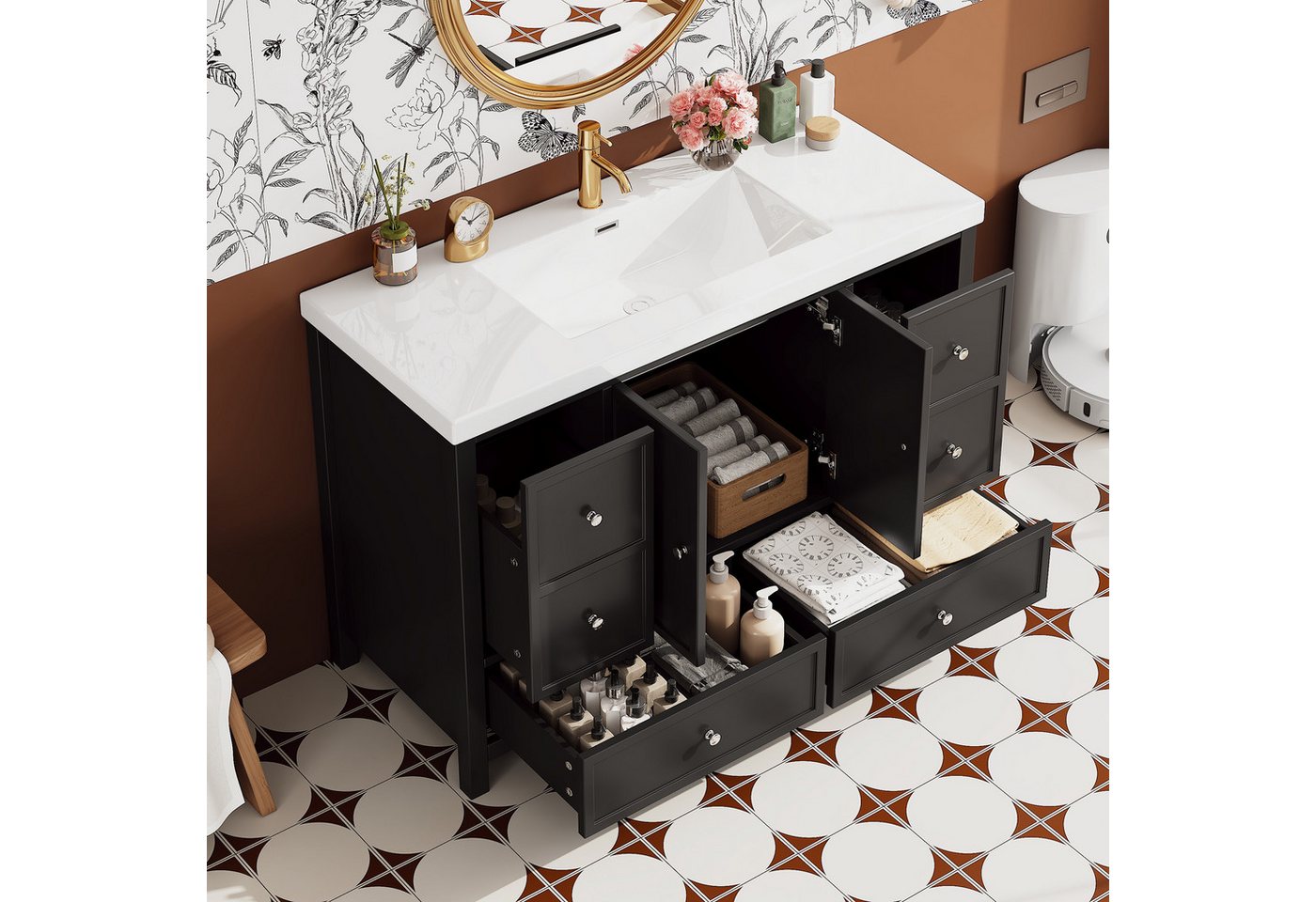 Flieks Waschtisch Waschbeckenunterschrank inkl. Harz-Waschbecken, B120/T50/H86,5 cm (lackierte Oberfläche, 1-St., 120cm großer breiter Badschrank mit silber Metallgriff, bodenstehend), Badmöbel-Set Badezimmerschrank mit 4 Schubladen und 2 Tür Schwarz Bild 4