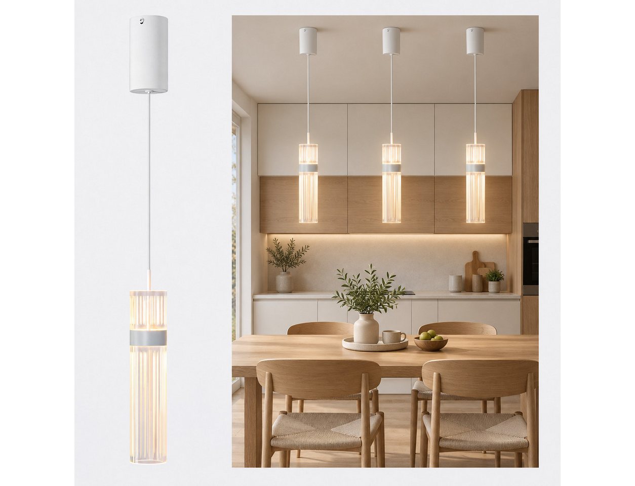 BlingBin LED Pendelleuchte 1-flammig Acryl-Hängelampen Dimmbar, 6 W 600 lm höhenverstellbare, LED fest integriert, Tageslichtweiß, aus Acryl und Metall, Weiß für Wohnzimmer, Esszimmer, Hotel