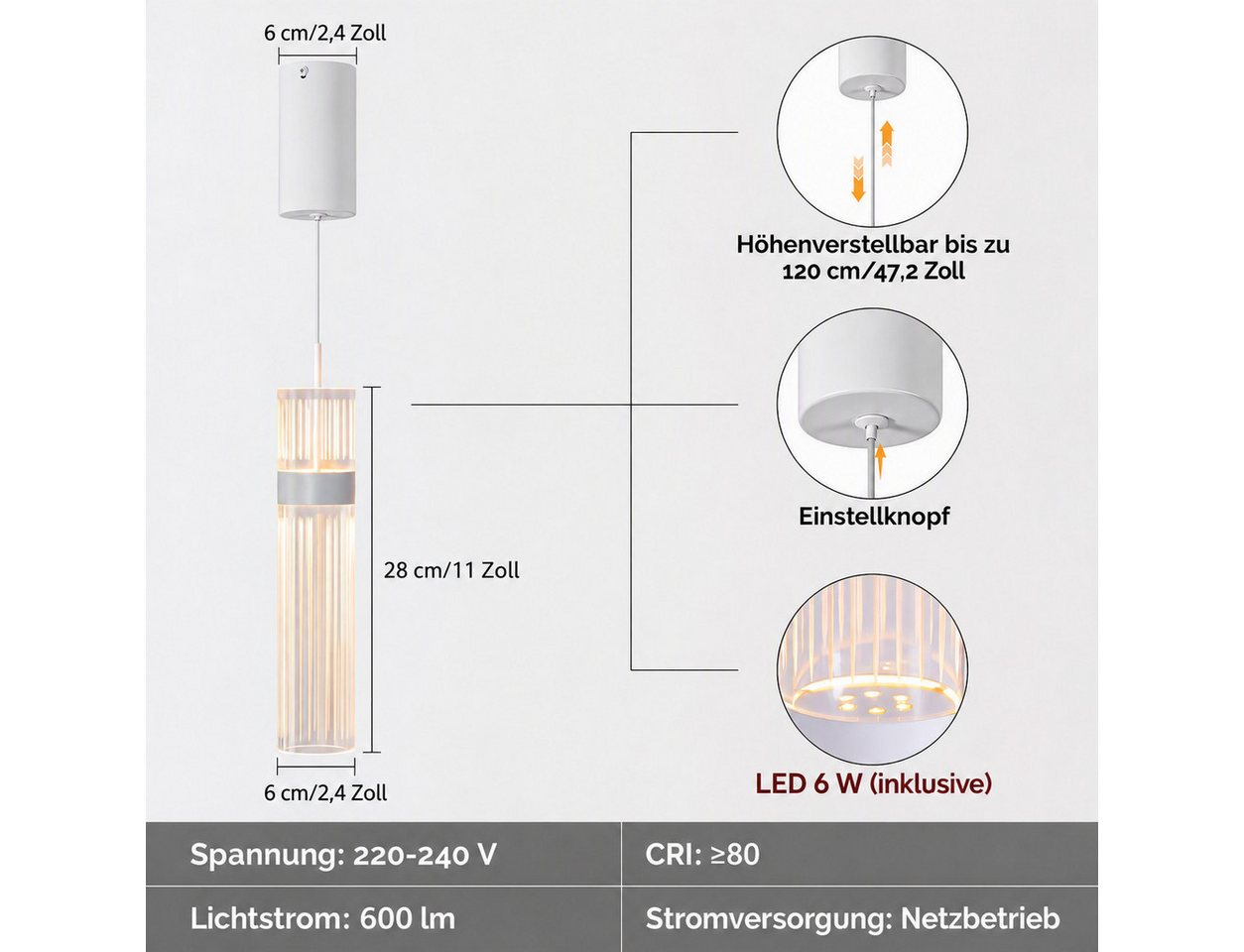 BlingBin LED Pendelleuchte 1-flammig Acryl-Hängelampen Dimmbar, 6 W 600 lm höhenverstellbare, LED fest integriert, Tageslichtweiß, aus Acryl und Metall, Weiß für Wohnzimmer, Esszimmer, Hotel Bild 2