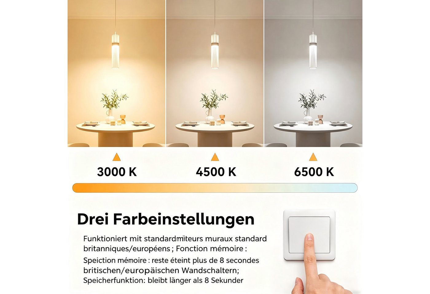 BlingBin LED Pendelleuchte 1-flammig Acryl-Hängelampen Dimmbar, 6 W 600 lm höhenverstellbare, LED fest integriert, Tageslichtweiß, aus Acryl und Metall, Weiß für Wohnzimmer, Esszimmer, Hotel Bild 3