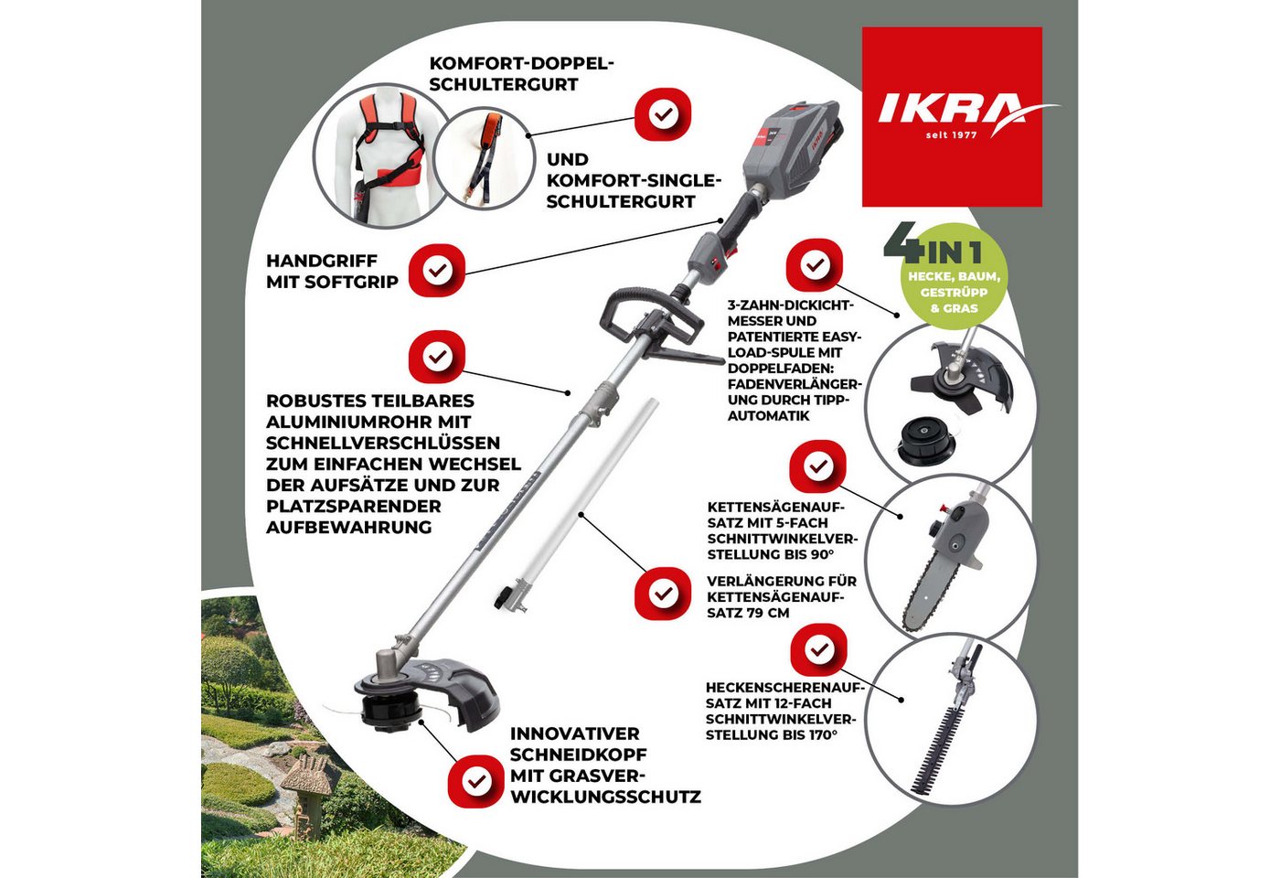 ikra GmbH Garten-Multifunktionsgerät IB-MT 36, inkl. 36V Akku (4 Ah) & Ladegerät, kompatibel mit BOSCH 36V