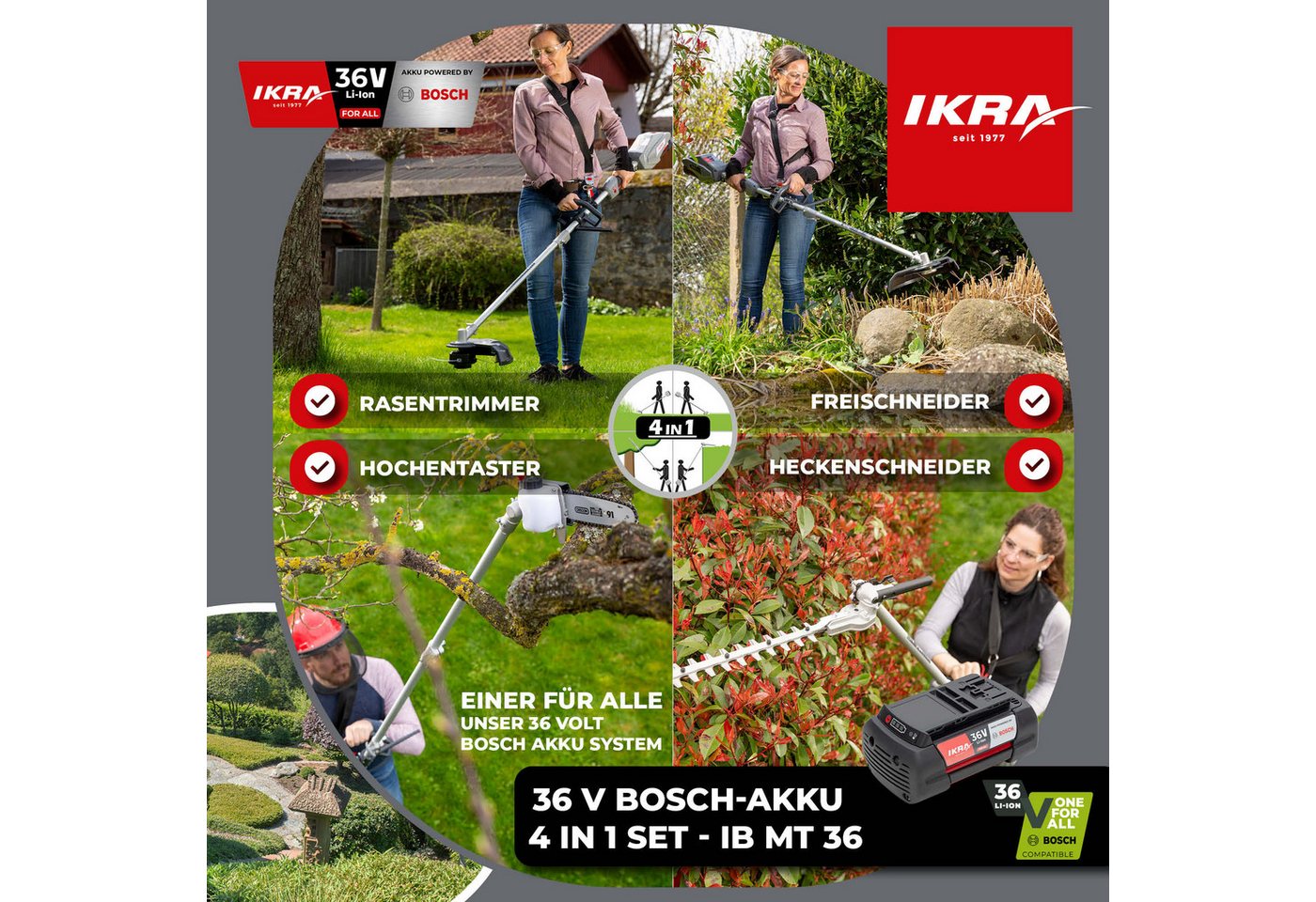 ikra GmbH Garten-Multifunktionsgerät IB-MT 36, inkl. 36V Akku (4 Ah) & Ladegerät, kompatibel mit BOSCH 36V Bild 5