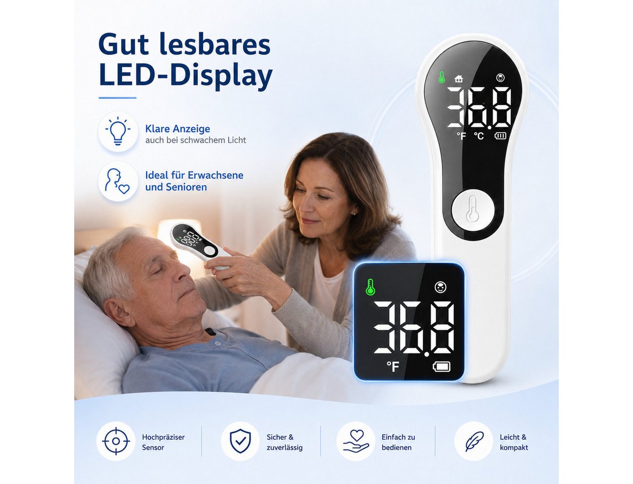 VEKROBOT Fieberthermometer Tragbares digitales Infrarot Stirnthermometer für Kinder Erwachsene, Set 1-tlg., Infrarot-Stirnthermometer – handgehalten, Berührungsloses Thermometer 2 in 1-Sensor für Stirn Objekte