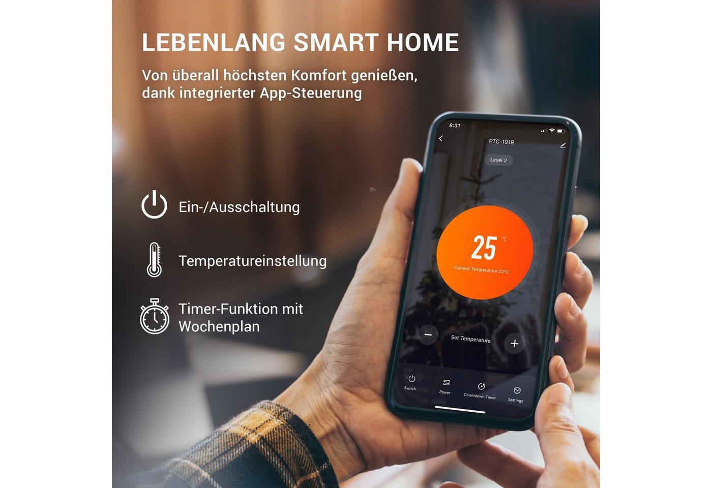 Lebenlang Keramikheizlüfter Keramik Heizlüfter energiesparend leise 2000W - inkl. WiFi, App-Steuerung, Fernbedienung, 3 Modi, 75° Oszillation
