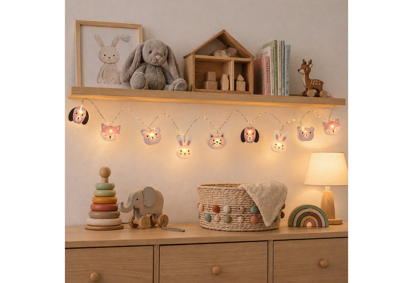 MARELIDA LED-Lichterkette 10 leuchtende Tiere für Kinderzimmer Hund Katze Hase Fuchs 0,9m Timer, 10-flammig Bild 2