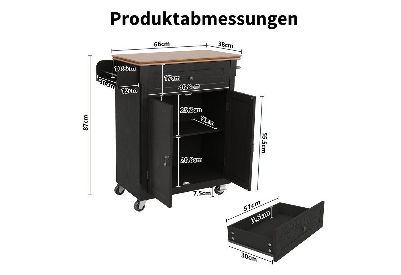 HOLTICO Küchenwagen mit Rollen–Kücheninsel Freistehend, Küchenschrank, (1 St), Servierwagen, Küchenrollwagen für Küche und Esszimmer Bild 2