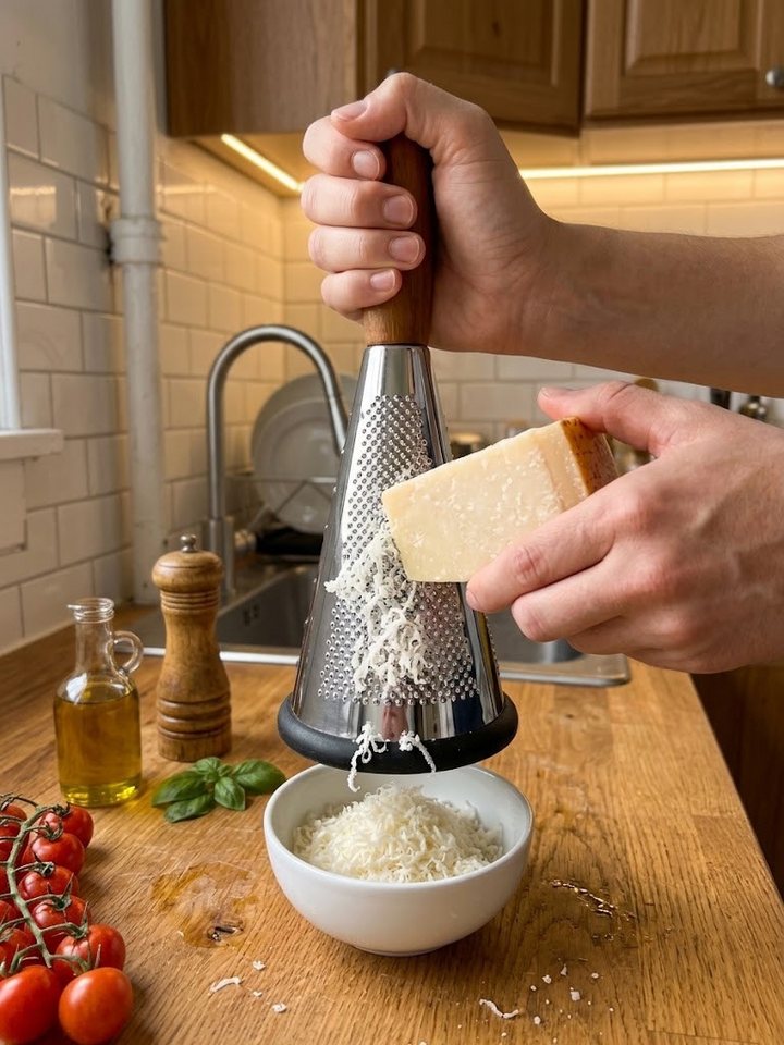 Sendez Küchenreibe mit Holzgriff 3-in-1 Käsereibe konisch 28cm mit Anti-Rutsch-Silikonfuß, Edelstahl Bild 3