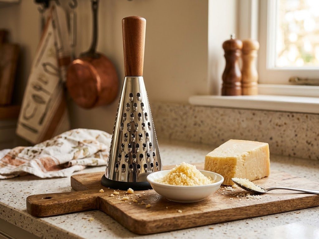 Sendez Küchenreibe mit Holzgriff 3-in-1 Käsereibe konisch 28cm mit Anti-Rutsch-Silikonfuß, Edelstahl Bild 4