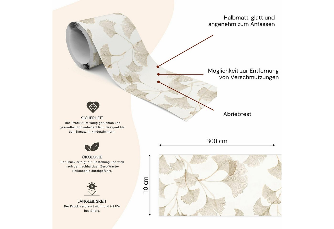 Muralo Bordüre Wandbordüre selbstklebend Blätter – Tapetenbordüre Wohnzimmer, bedruckt, Ginkgoblätter, 10 x 300 cm, abriebfest, abwischbar