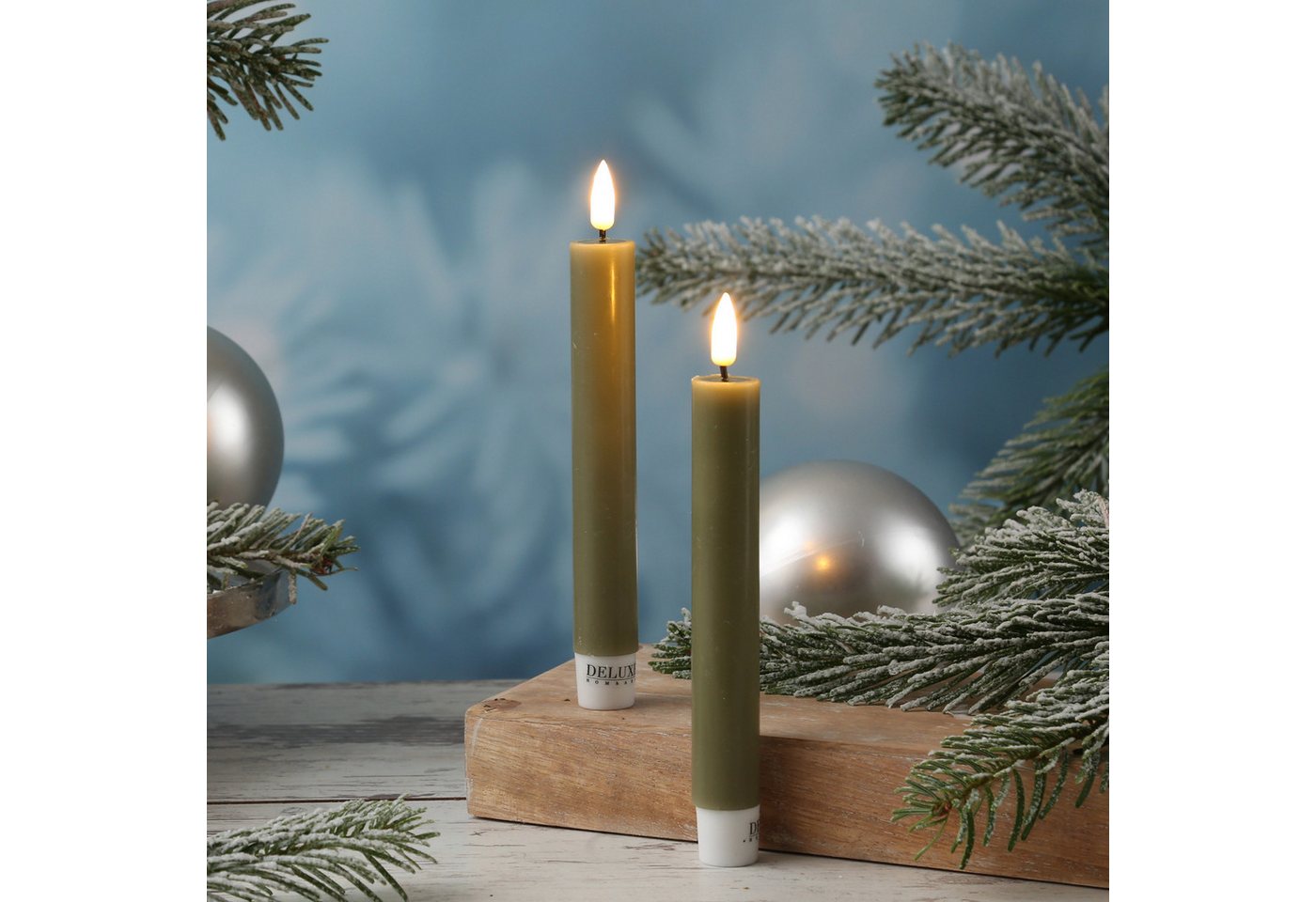 Deluxe Homeart LED-Kerze LED Stabkerzen Mia Tafelkerzen Echtwachs flackernd H:15cm olivgrün 2St, LED Classic, warmweiß (2100K bis 3000K) Bild 2