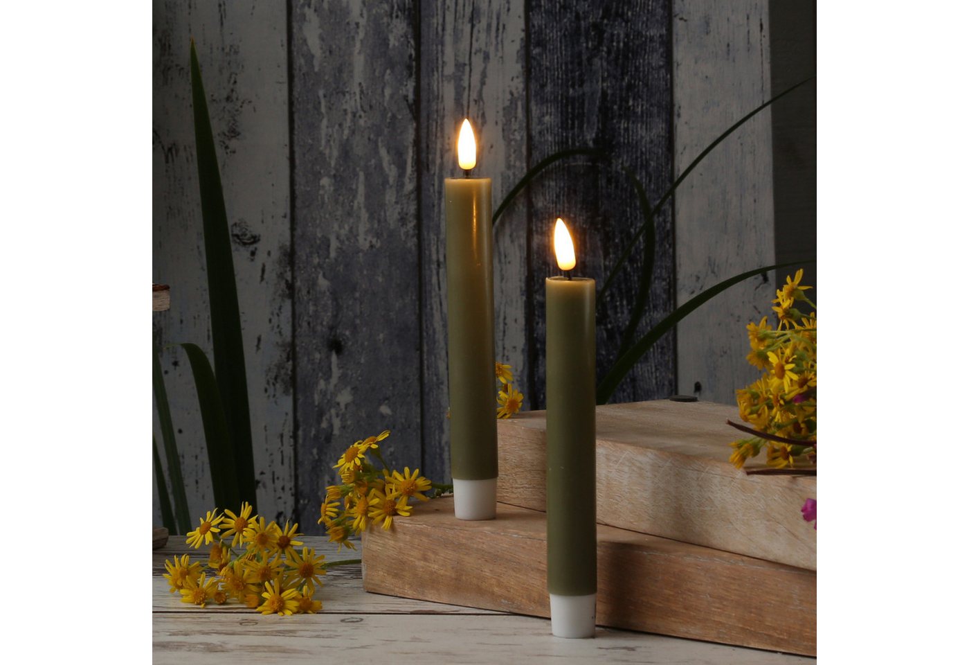 Deluxe Homeart LED-Kerze LED Stabkerzen Mia Tafelkerzen Echtwachs flackernd H:15cm olivgrün 2St, LED Classic, warmweiß (2100K bis 3000K) Bild 3