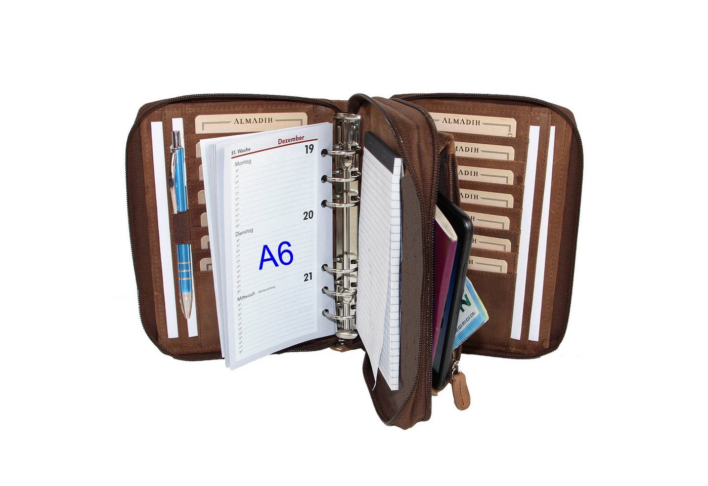 ALMADIH Konferenzmappe Ledermappe A6 Kombimappe Leder Organizer 2026 2027 braun, schwarz Bild 5