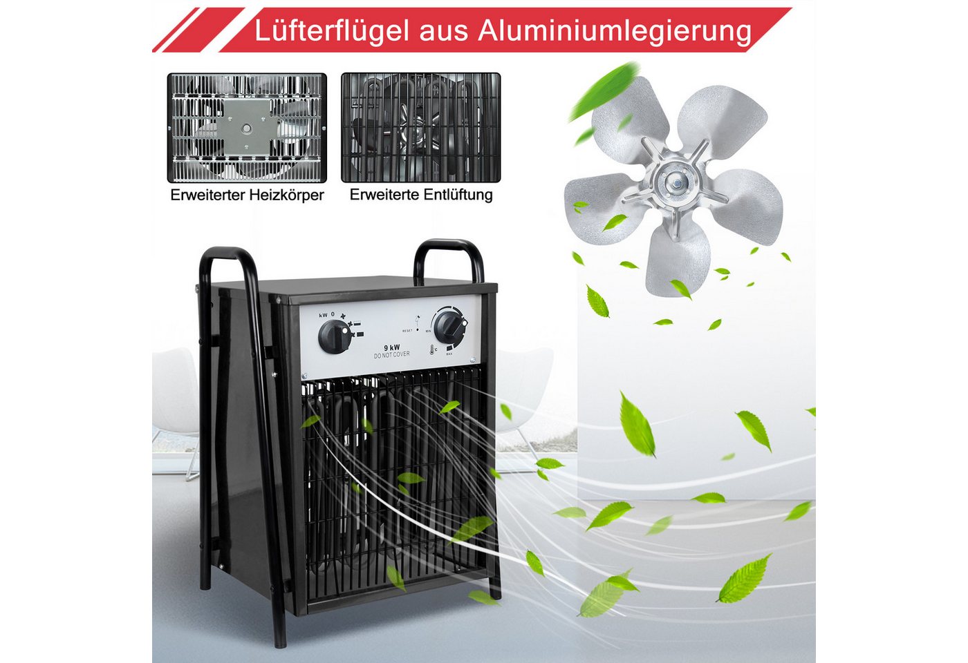 FIVMEN Heizlüfter Elektroheizung Heizgerät Elektroheizer mit 4 Heizstufen, 9000 W, Heizstrahler Heizgebläse Überlastschutz für Innen- und Außeneinsatz Bild 5