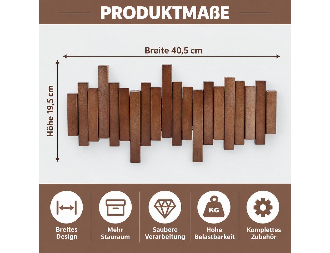 LEMLIT Wandgarderobe Garderobenleiste Holz mit 6 Klapphaken, Platzsparende Hakenleiste (1er Set, 1 St., 6 einklappbare Haken), Garderobe 40,5 cm, Walnuss-Optik, für Flur und Schlafzimmer
