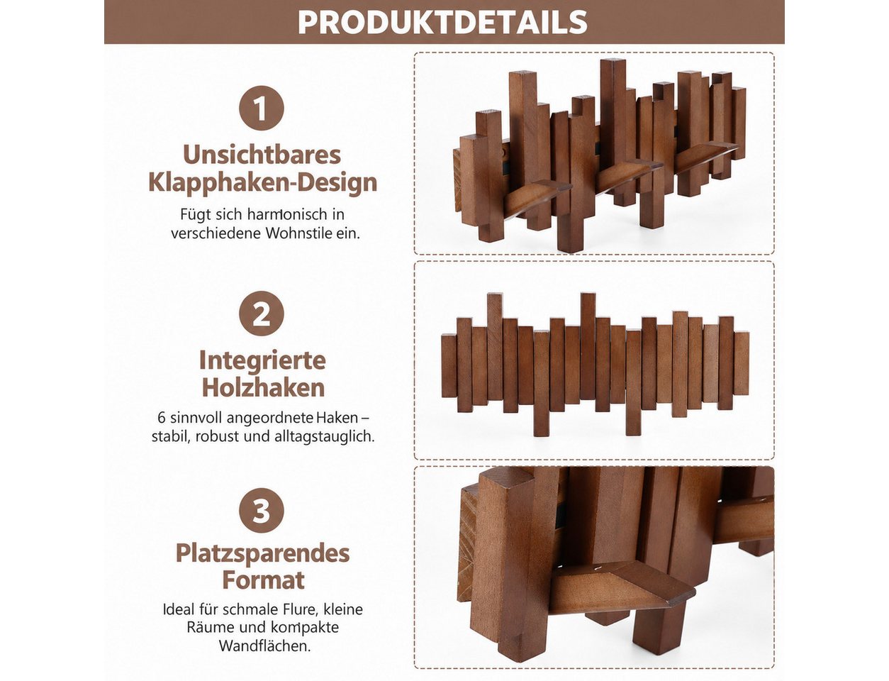 LEMLIT Wandgarderobe Garderobenleiste Holz mit 6 Klapphaken, Platzsparende Hakenleiste (1er Set, 1 St., 6 einklappbare Haken), Garderobe 40,5 cm, Walnuss-Optik, für Flur und Schlafzimmer Bild 3