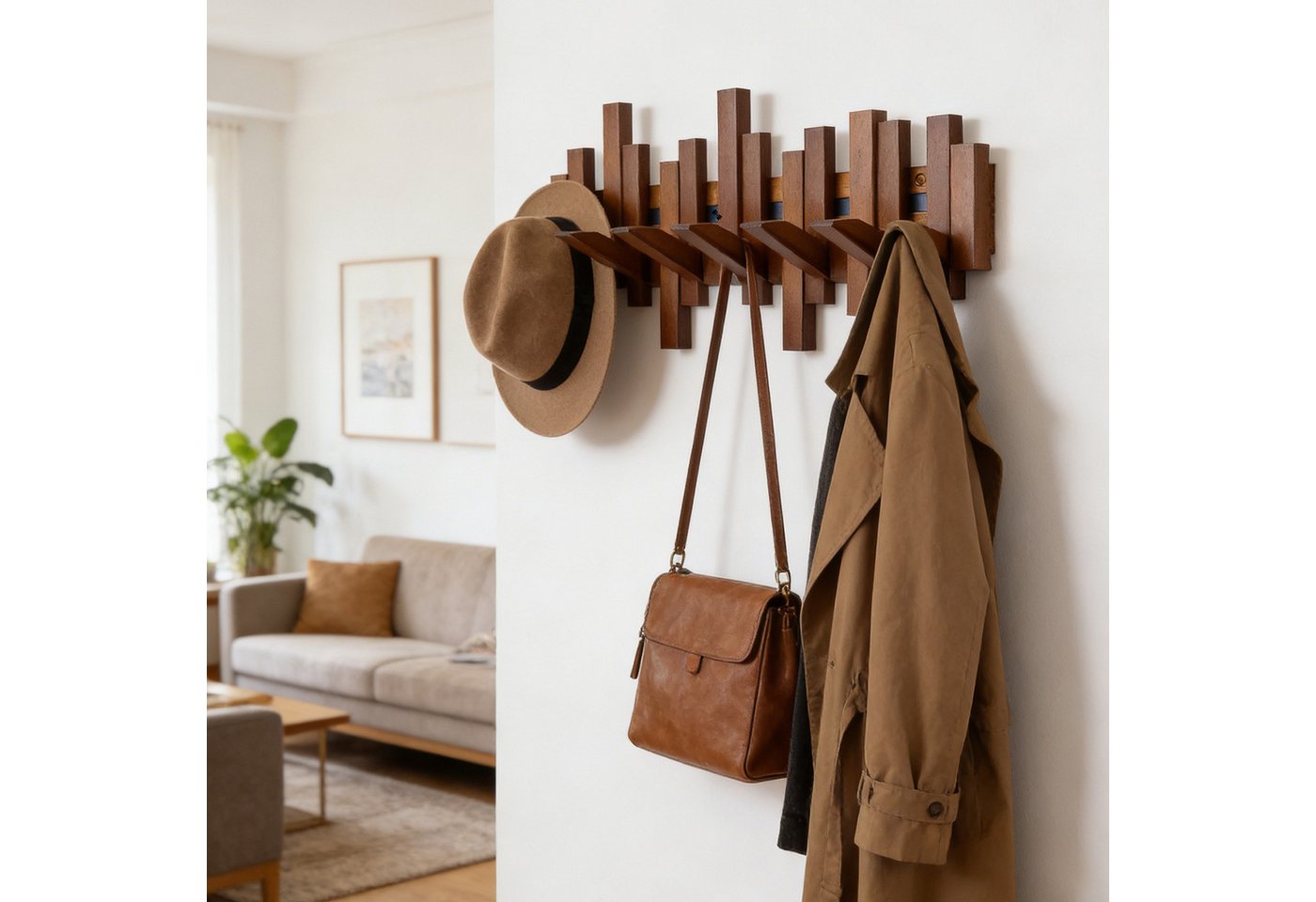 LEMLIT Wandgarderobe Garderobenleiste Holz mit 6 Klapphaken, Platzsparende Hakenleiste (1er Set, 1 St., 6 einklappbare Haken), Garderobe 40,5 cm, Walnuss-Optik, für Flur und Schlafzimmer Bild 4