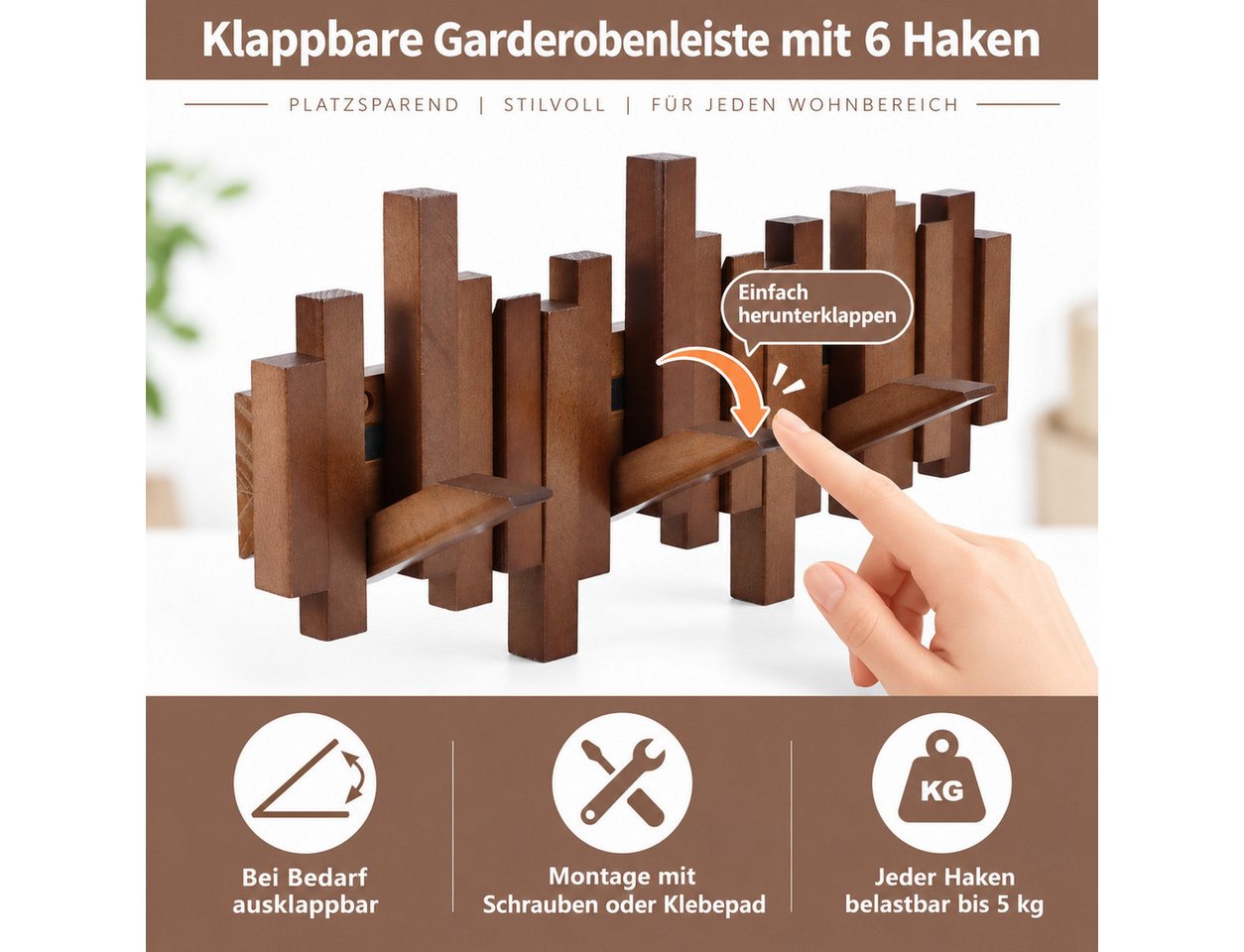 LEMLIT Wandgarderobe Garderobenleiste Holz mit 6 Klapphaken, Platzsparende Hakenleiste (1er Set, 1 St., 6 einklappbare Haken), Garderobe 40,5 cm, Walnuss-Optik, für Flur und Schlafzimmer Bild 5