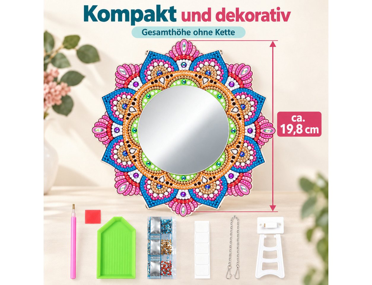 GOLDEN Kreativset Diamond Painting Spiegel Mandala, DIY-Set mit Standfuß und Kette