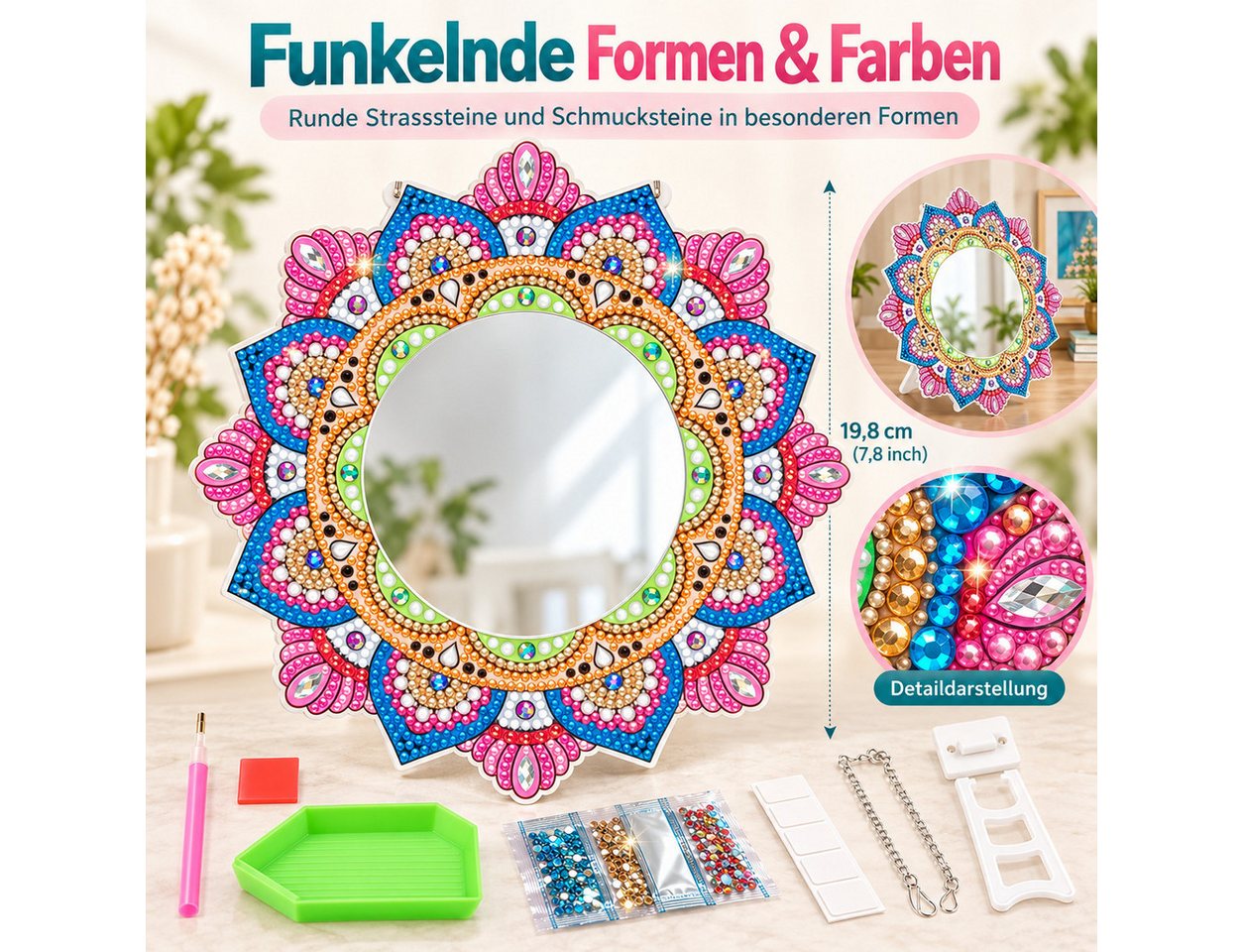 GOLDEN Kreativset Diamond Painting Spiegel Mandala, DIY-Set mit Standfuß und Kette Bild 2