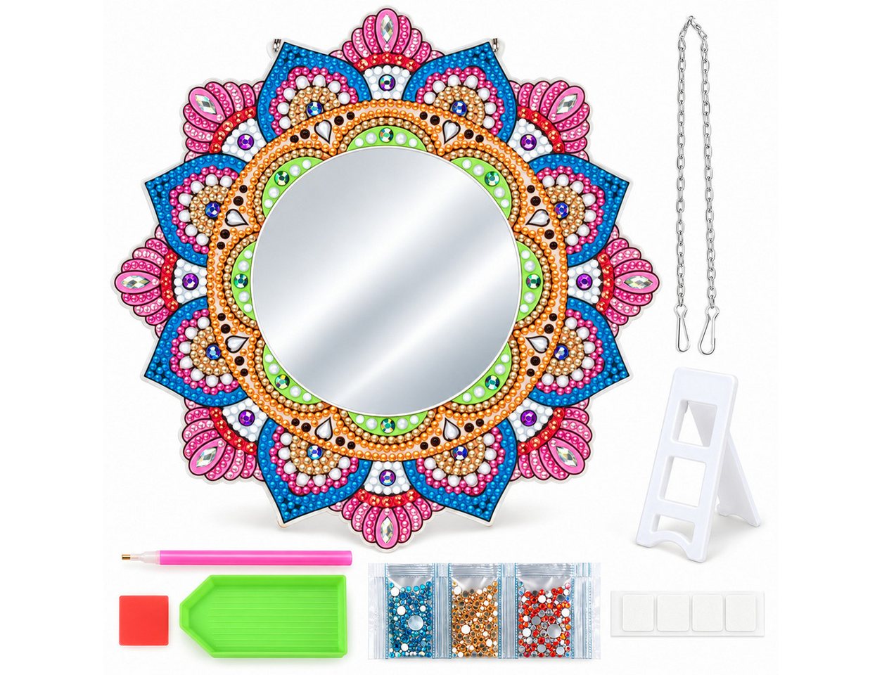 GOLDEN Kreativset Diamond Painting Spiegel Mandala, DIY-Set mit Standfuß und Kette Bild 3