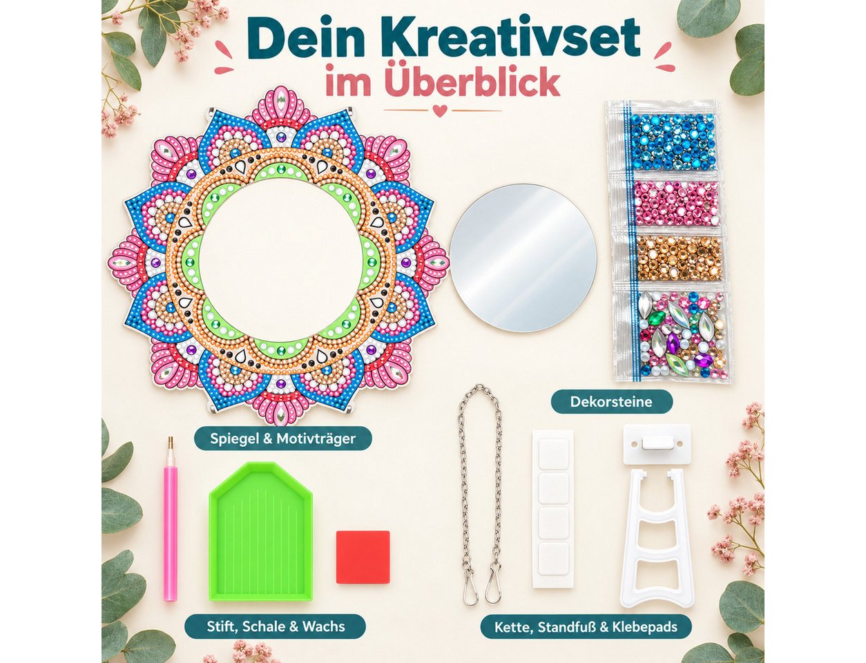 GOLDEN Kreativset Diamond Painting Spiegel Mandala, DIY-Set mit Standfuß und Kette Bild 4