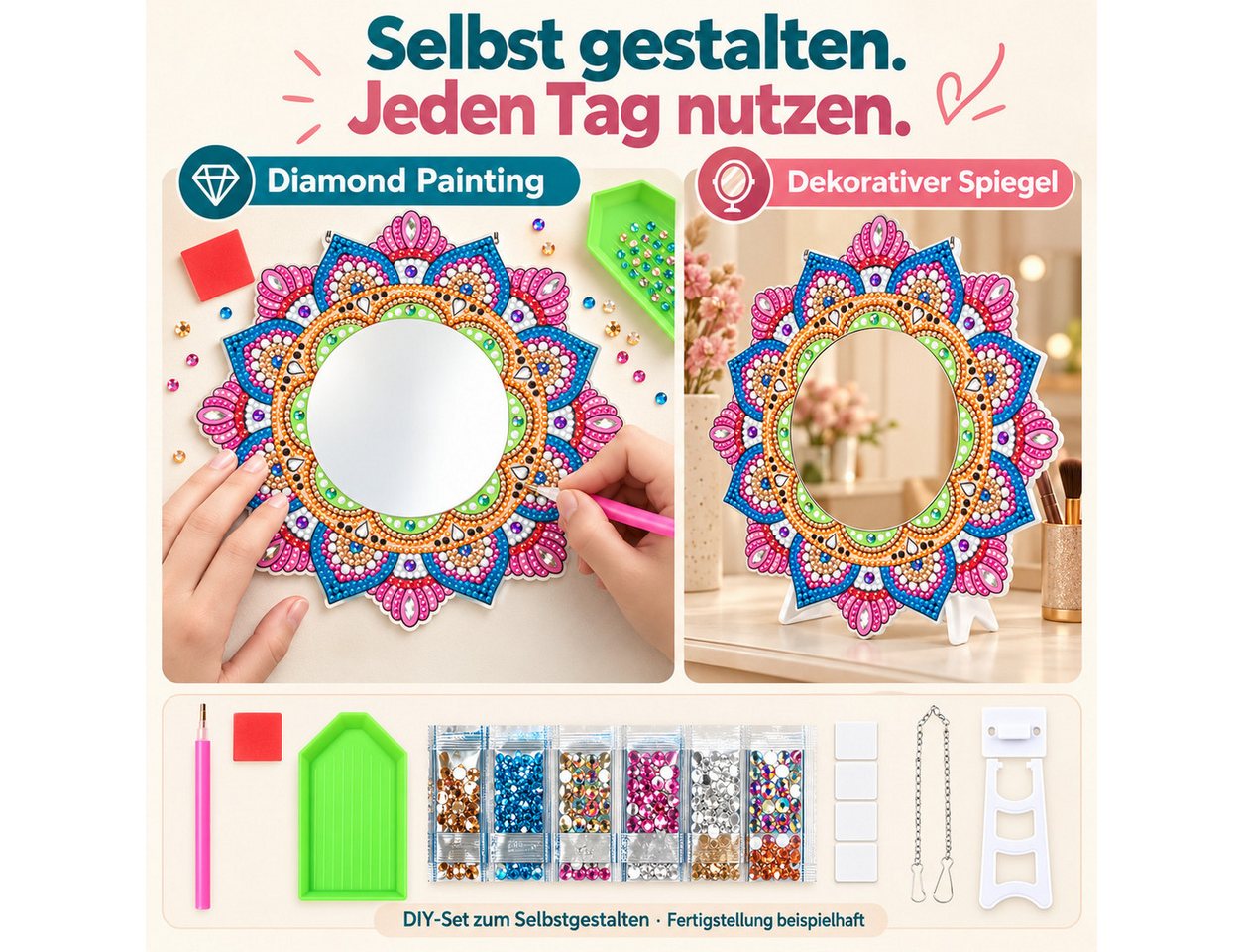 GOLDEN Kreativset Diamond Painting Spiegel Mandala, DIY-Set mit Standfuß und Kette Bild 5