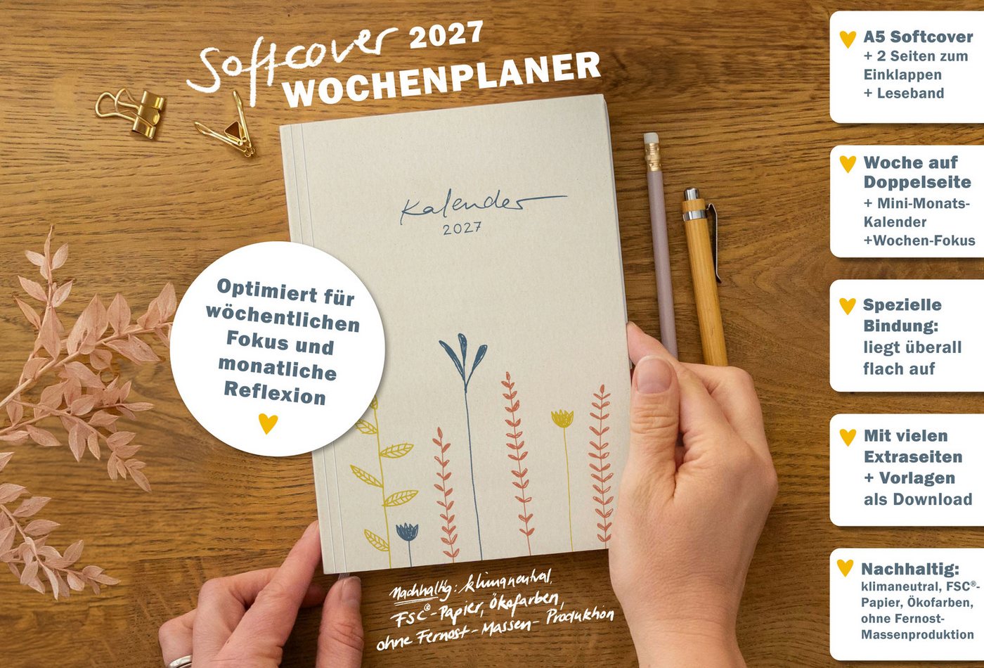 Eine der Guten Verlag Terminkalender Terminplaner 2027 - A5, creme beige, 1 Doppelseite / Woche, 144 S. FSC-Papier, Softcover, klimaneutral