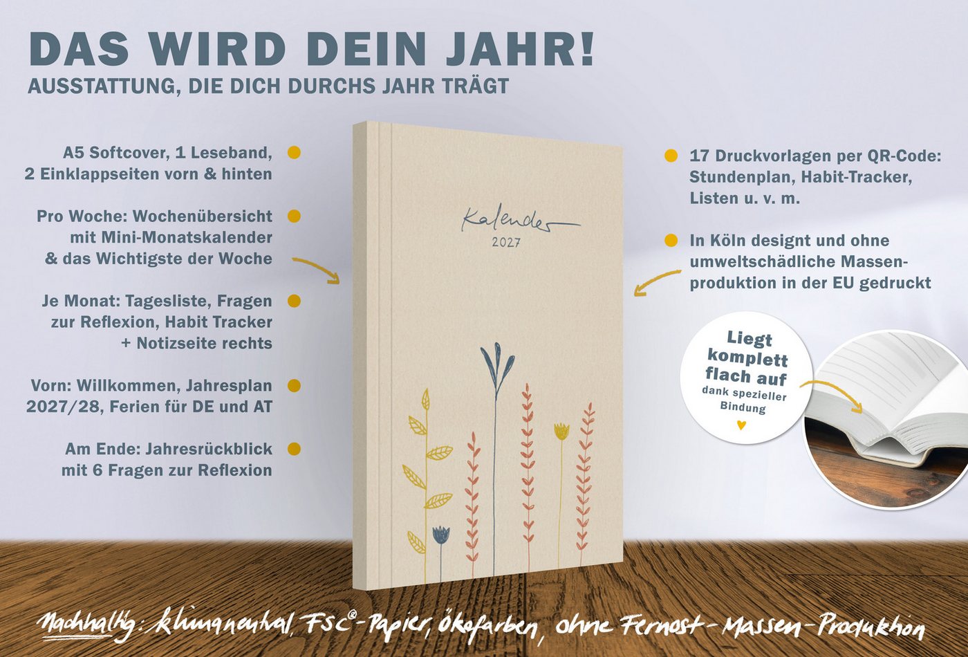 Eine der Guten Verlag Terminkalender Terminplaner 2027 - A5, creme beige, 1 Doppelseite / Woche, 144 S. FSC-Papier, Softcover, klimaneutral Bild 3