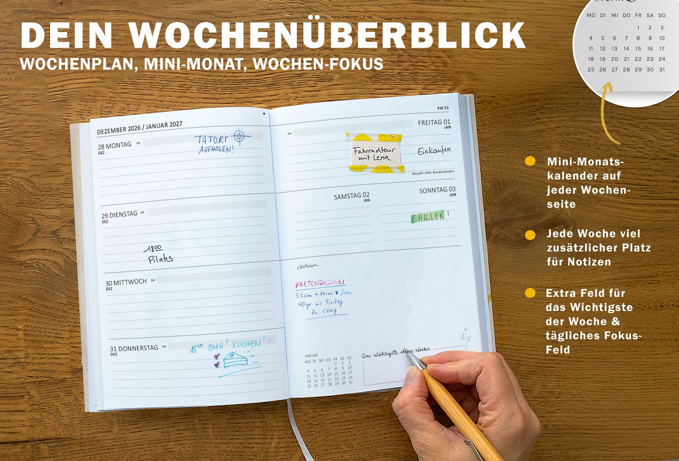 Eine der Guten Verlag Terminkalender Terminplaner 2027 - A5, creme beige, 1 Doppelseite / Woche, 144 S. FSC-Papier, Softcover, klimaneutral Bild 4