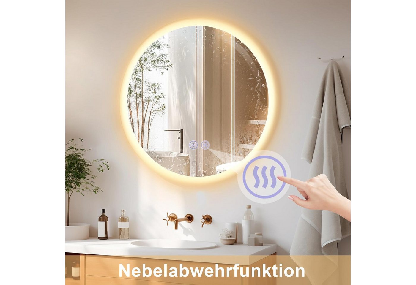 Nettlife Badspiegel Rund 50 cm Wandspiegel Beleuchtung Touchschalter Antibeschla (1-St), Dimmbar Funktion Moderner Kosmetikspiegel für Wandmontage