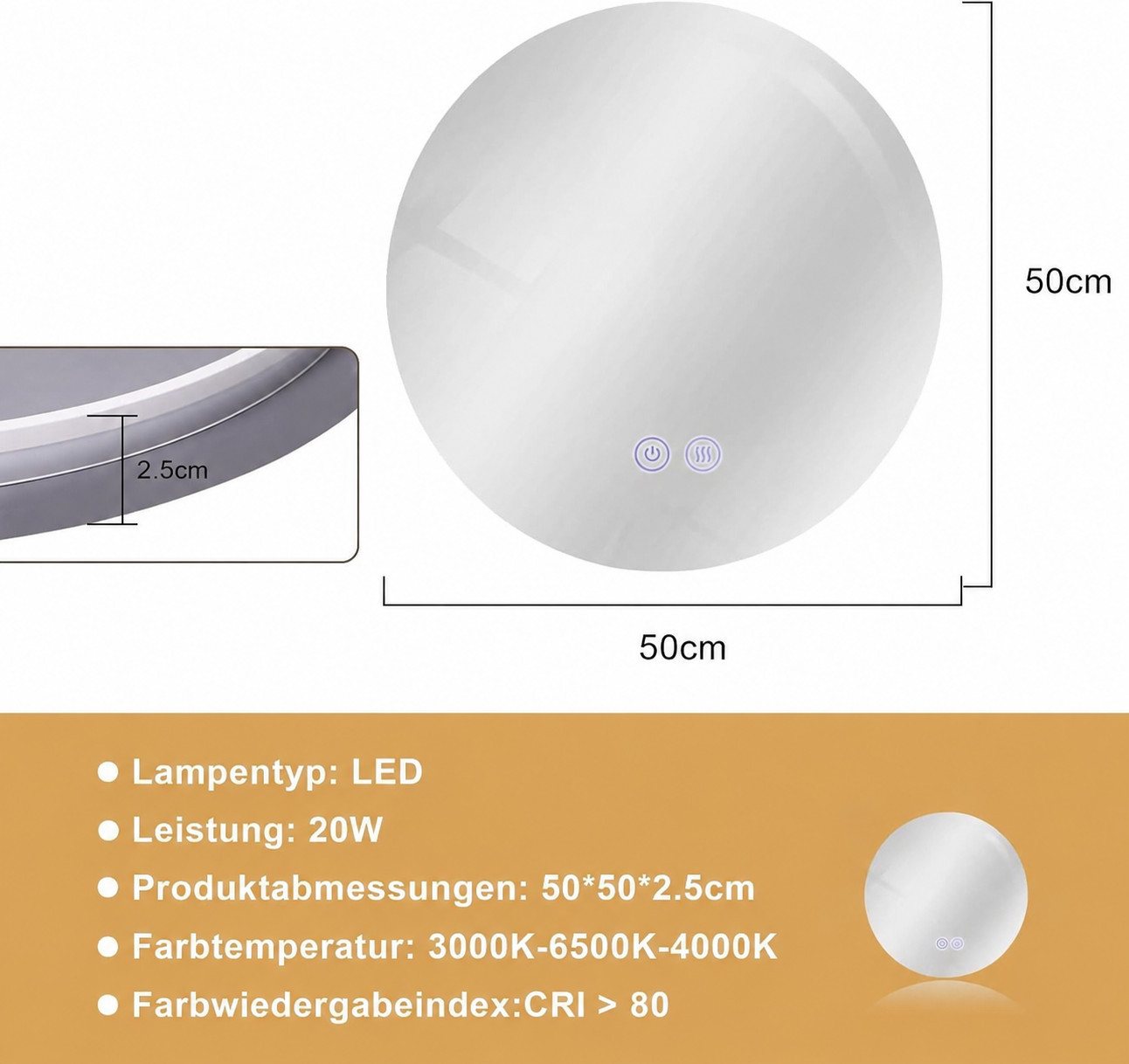 Nettlife Badspiegel Rund 50 cm Wandspiegel Beleuchtung Touchschalter Antibeschla (1-St), Dimmbar Funktion Moderner Kosmetikspiegel für Wandmontage Bild 3