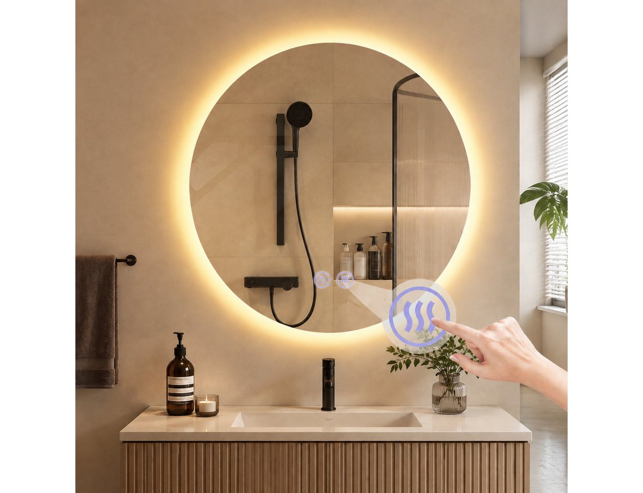 Nettlife Badspiegel Rund 50 cm Wandspiegel Beleuchtung Touchschalter Antibeschla (1-St), Dimmbar Funktion Moderner Kosmetikspiegel für Wandmontage Bild 4