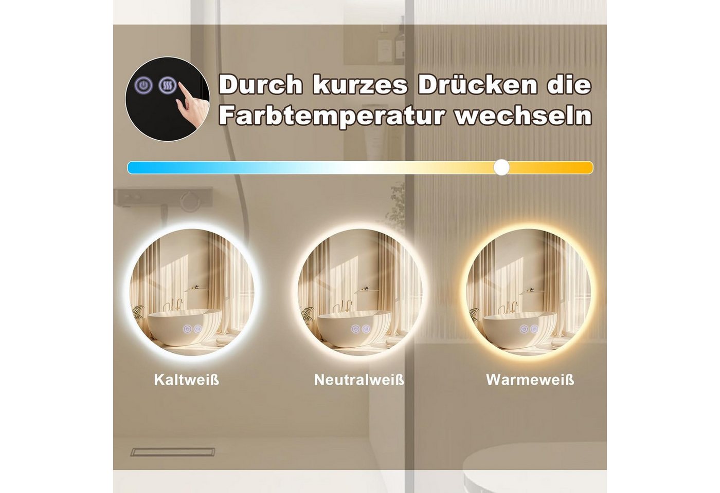 Nettlife Badspiegel Rund 50 cm Wandspiegel Beleuchtung Touchschalter Antibeschla (1-St), Dimmbar Funktion Moderner Kosmetikspiegel für Wandmontage Bild 5