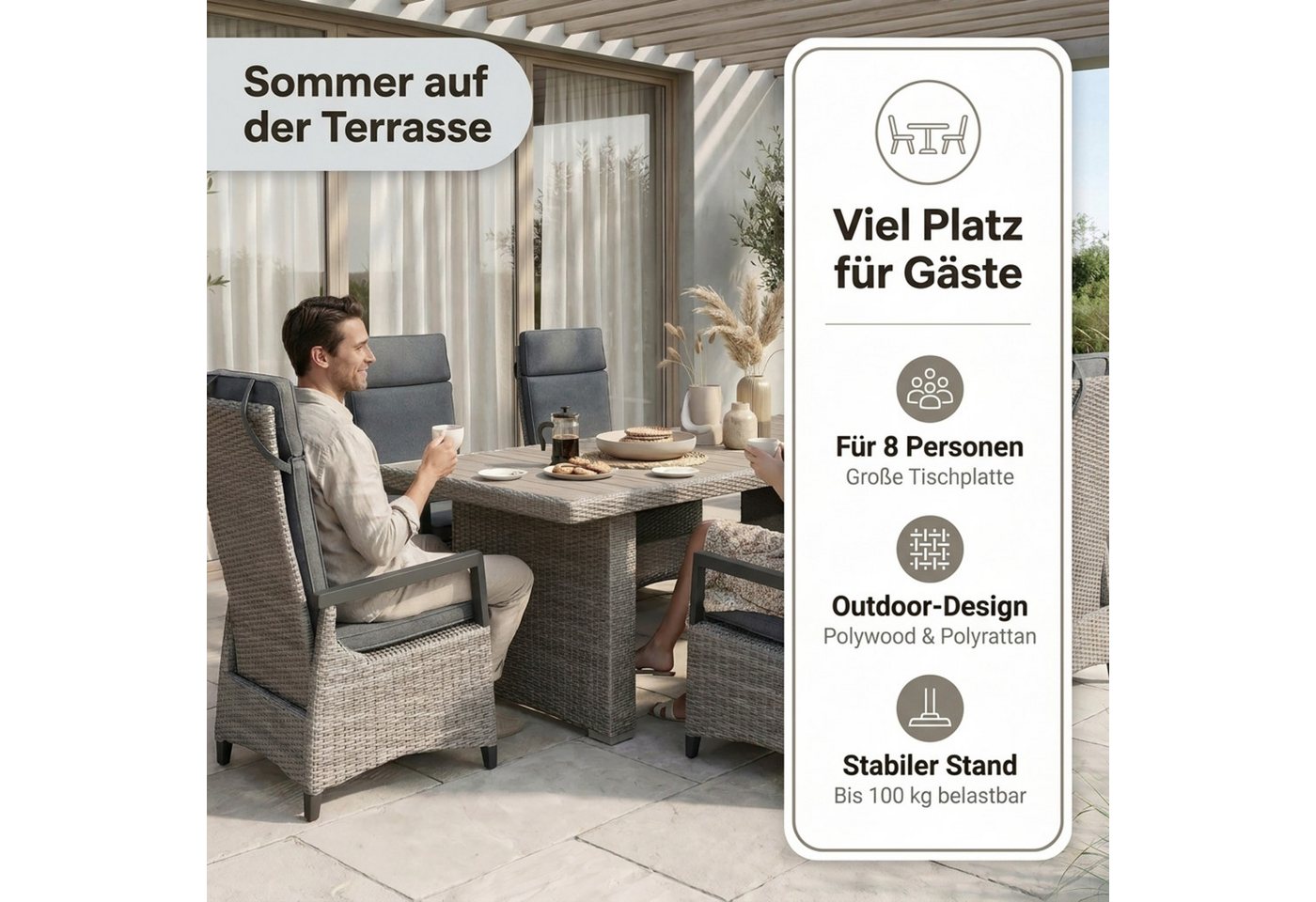 byLIVING Gartentisch BRISBANE (192 x 92, H 75 cm), Alu-Gestell, PE Rattan dunkelgrau Polywood naturfarbig Bild 5