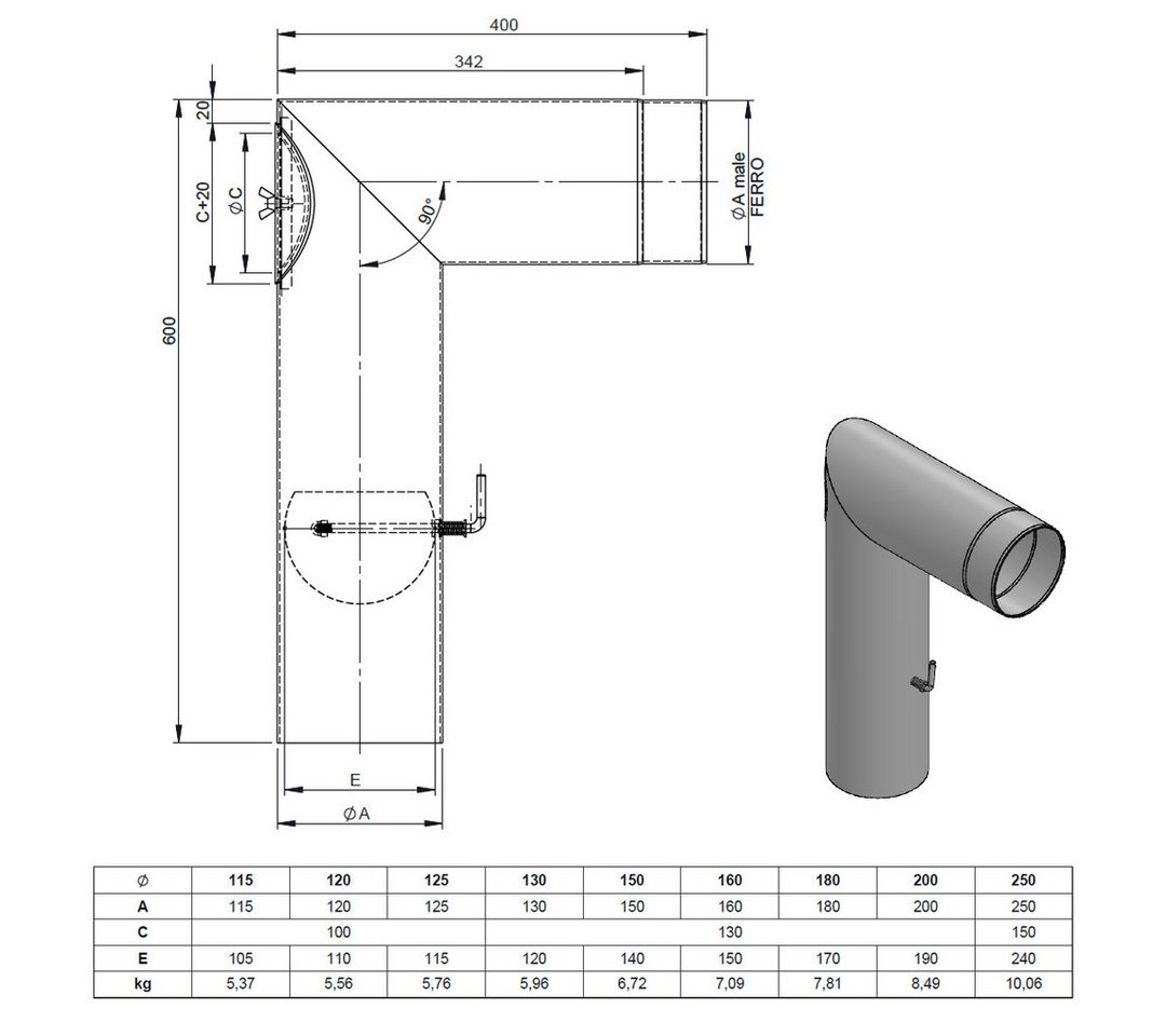Feuercampus Ofenrohr Ø 120 mm Bogen zweiteilig lang - mit Tür und Drosselklappe - schwarz, 120 mm Bild 2