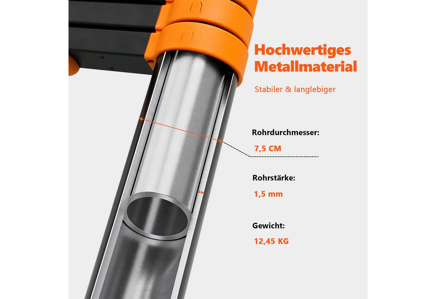 SunJas Teleskopleiter 4.7m/5M Ausziehleiter Anlegeleiter Multifunktionsleiter bis 150kg (mit abnehmbaren Haken, Außen‑Arbeitsleiter,höhenverstellbare Leiter,schwere Teleskopleiter) Bild 2