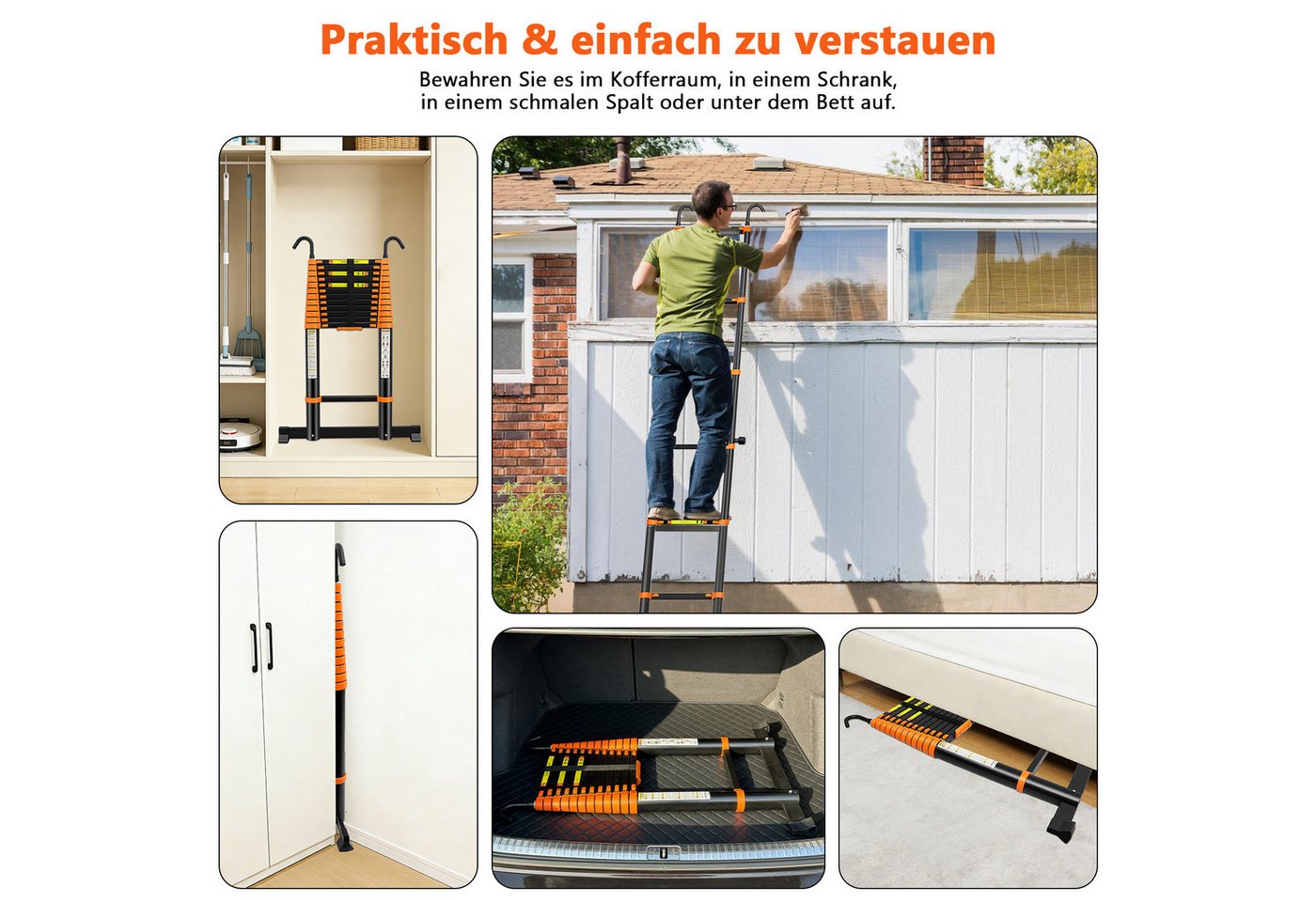SunJas Teleskopleiter 4.7m/5M Ausziehleiter Anlegeleiter Multifunktionsleiter bis 150kg (mit abnehmbaren Haken, Außen‑Arbeitsleiter,höhenverstellbare Leiter,schwere Teleskopleiter) Bild 3