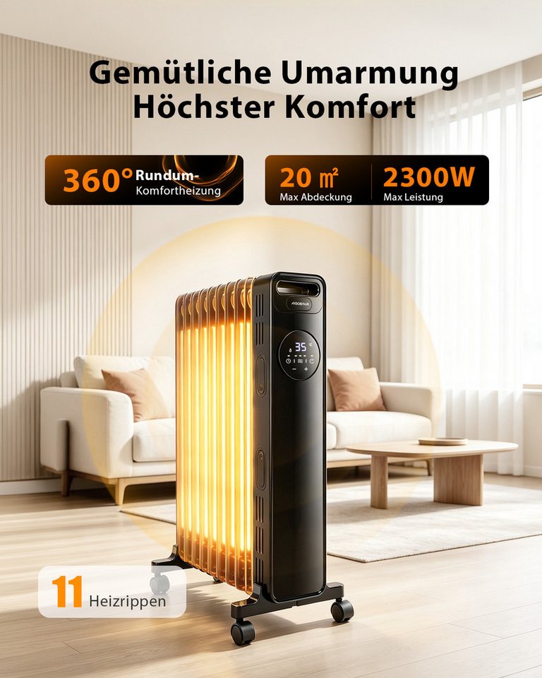 Aigostar Ölradiator 11 Rippen Radiator Heizung Elektrisch mit Thermostat & Fernbedienung, 2300 W, 3 Modi, 24h Timer, LED-Anzeige, Kipp& Überhitzungsschutz, Mobiler