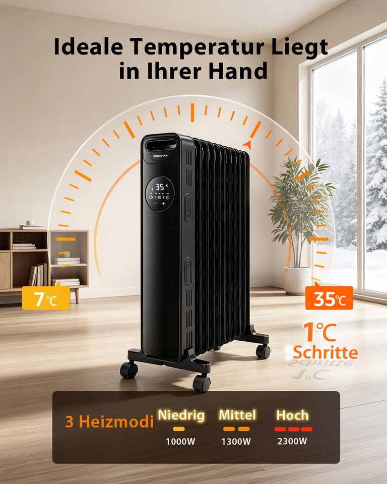 Aigostar Ölradiator 11 Rippen Radiator Heizung Elektrisch mit Thermostat & Fernbedienung, 2300 W, 3 Modi, 24h Timer, LED-Anzeige, Kipp& Überhitzungsschutz, Mobiler Bild 2