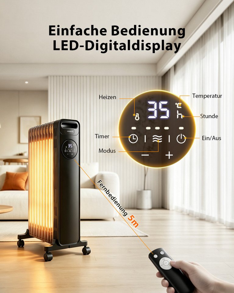 Aigostar Ölradiator 11 Rippen Radiator Heizung Elektrisch mit Thermostat & Fernbedienung, 2300 W, 3 Modi, 24h Timer, LED-Anzeige, Kipp& Überhitzungsschutz, Mobiler Bild 4