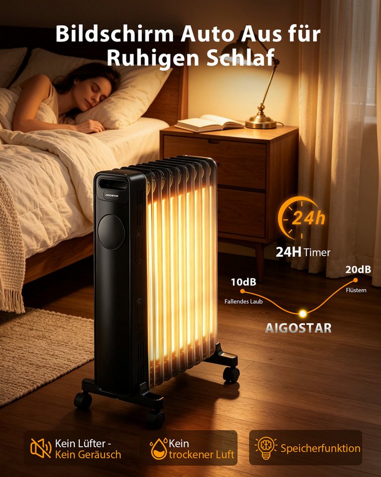 Aigostar Ölradiator 11 Rippen Radiator Heizung Elektrisch mit Thermostat & Fernbedienung, 2300 W, 3 Modi, 24h Timer, LED-Anzeige, Kipp& Überhitzungsschutz, Mobiler Bild 5