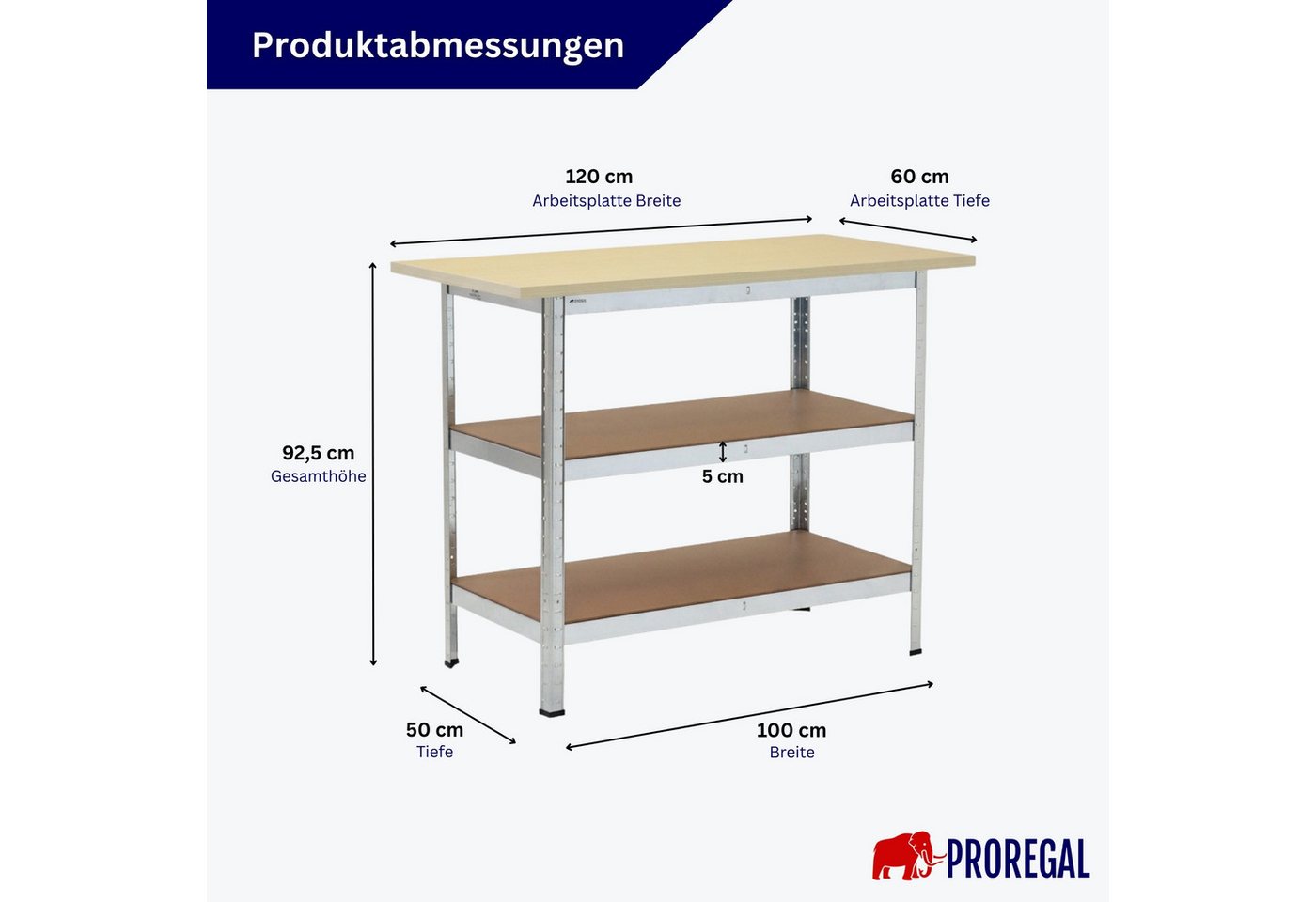PROREGAL® Werkbank TAURUS 1 Tischplatte + 2 Fachböden HxBxT 92,5x120x60cm Verzinkt