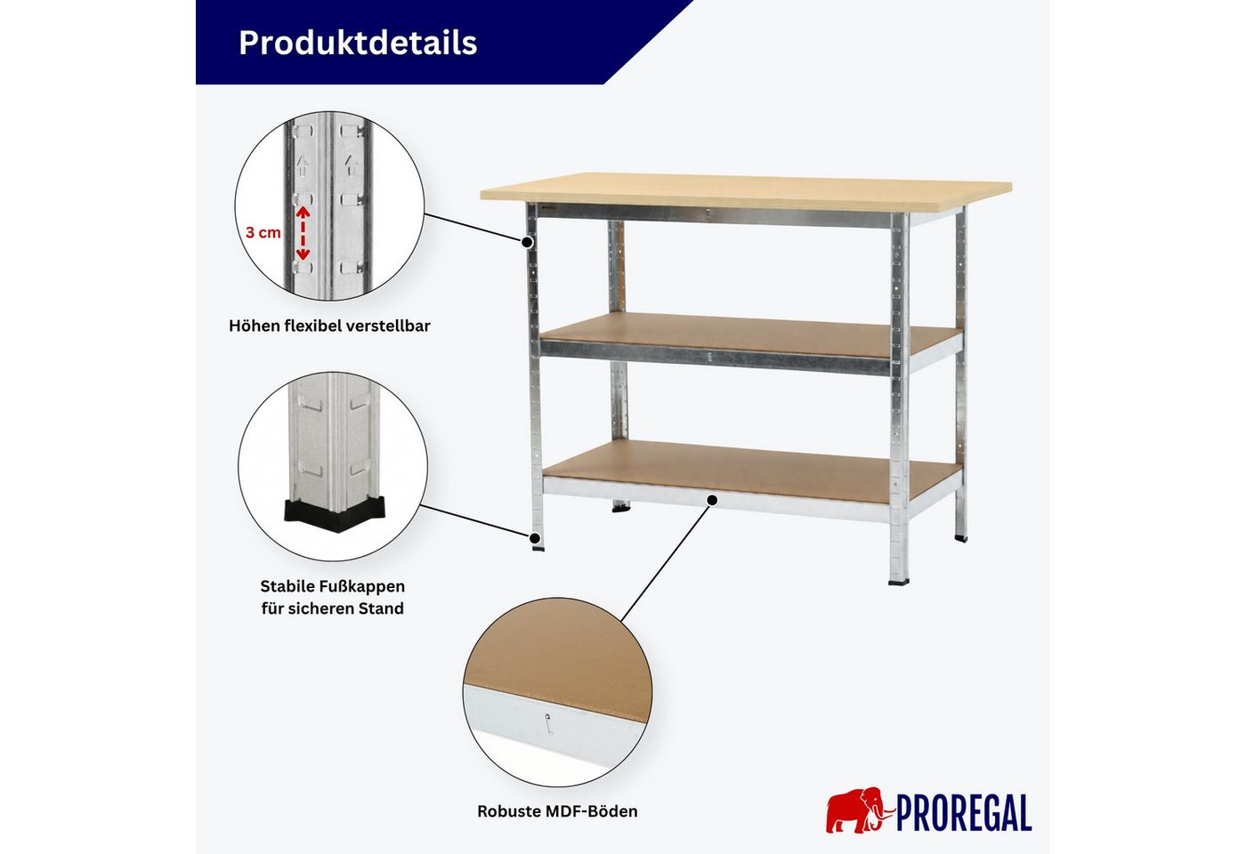 PROREGAL® Werkbank TAURUS 1 Tischplatte + 2 Fachböden HxBxT 92,5x120x60cm Verzinkt Bild 3