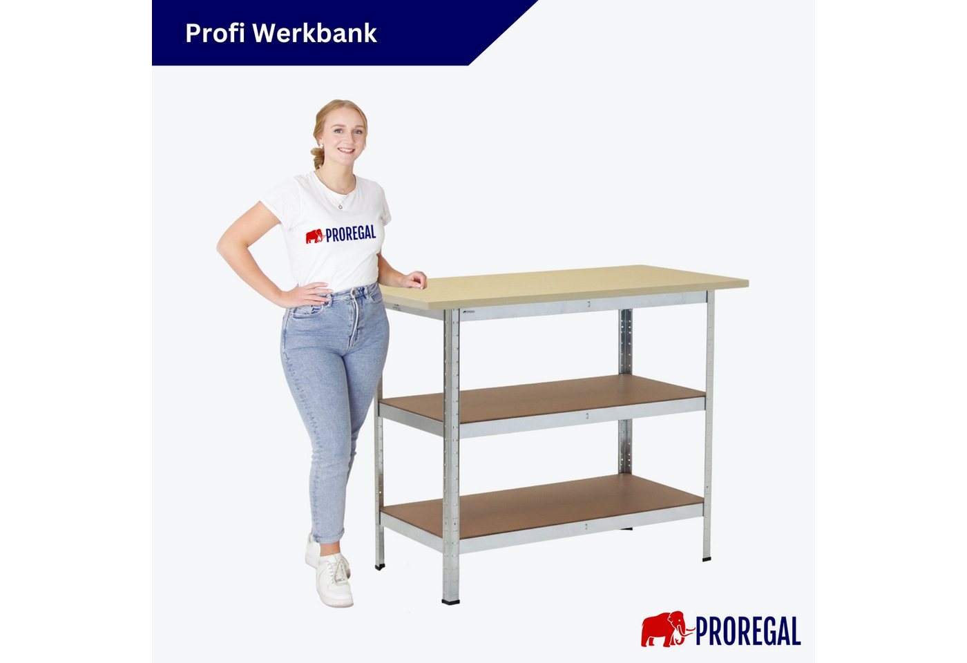 PROREGAL® Werkbank TAURUS 1 Tischplatte + 2 Fachböden HxBxT 92,5x120x60cm Verzinkt Bild 5